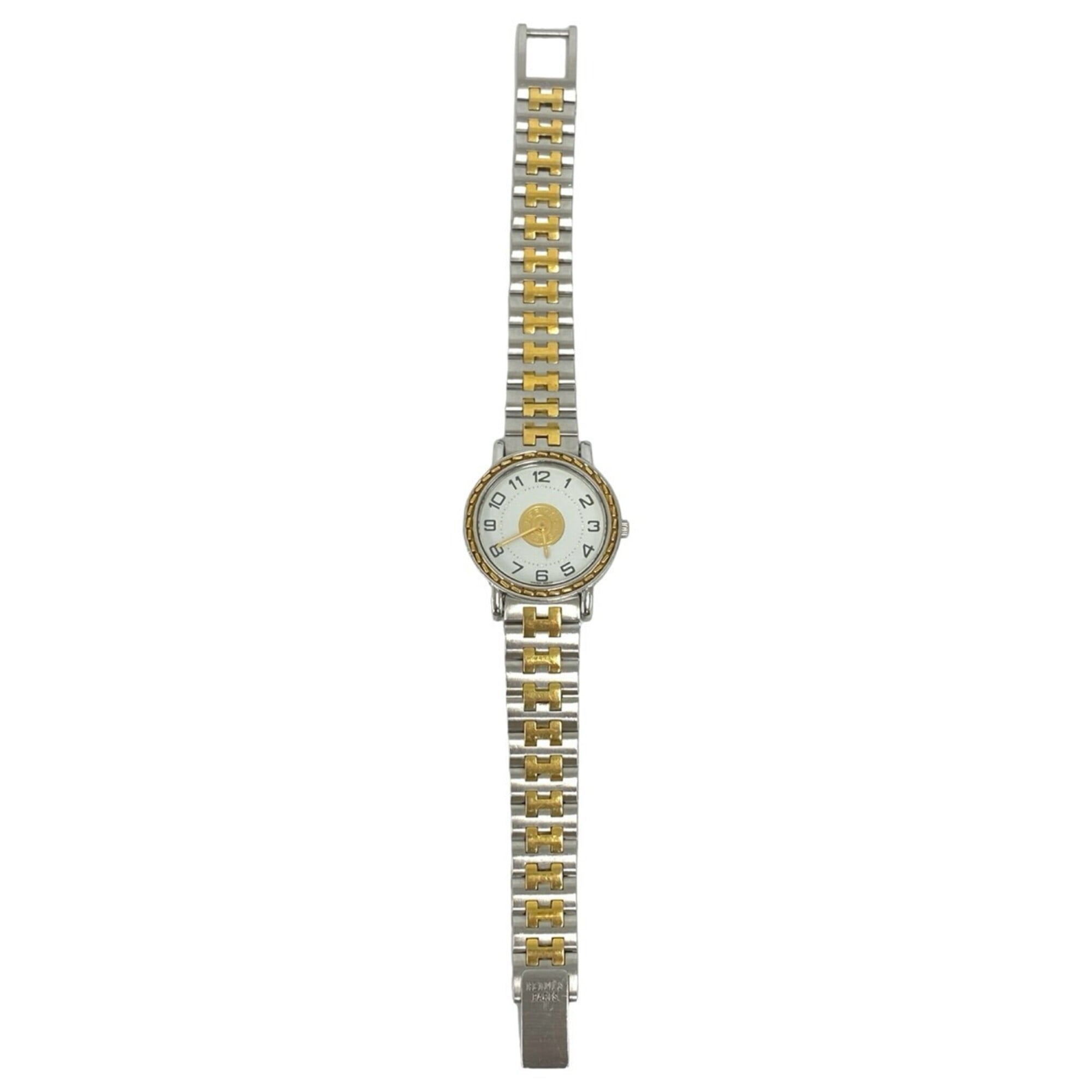 HERMES Vintage Sellier Stainless Steel GP Wristwatch Silver Gold 79642 — Good
