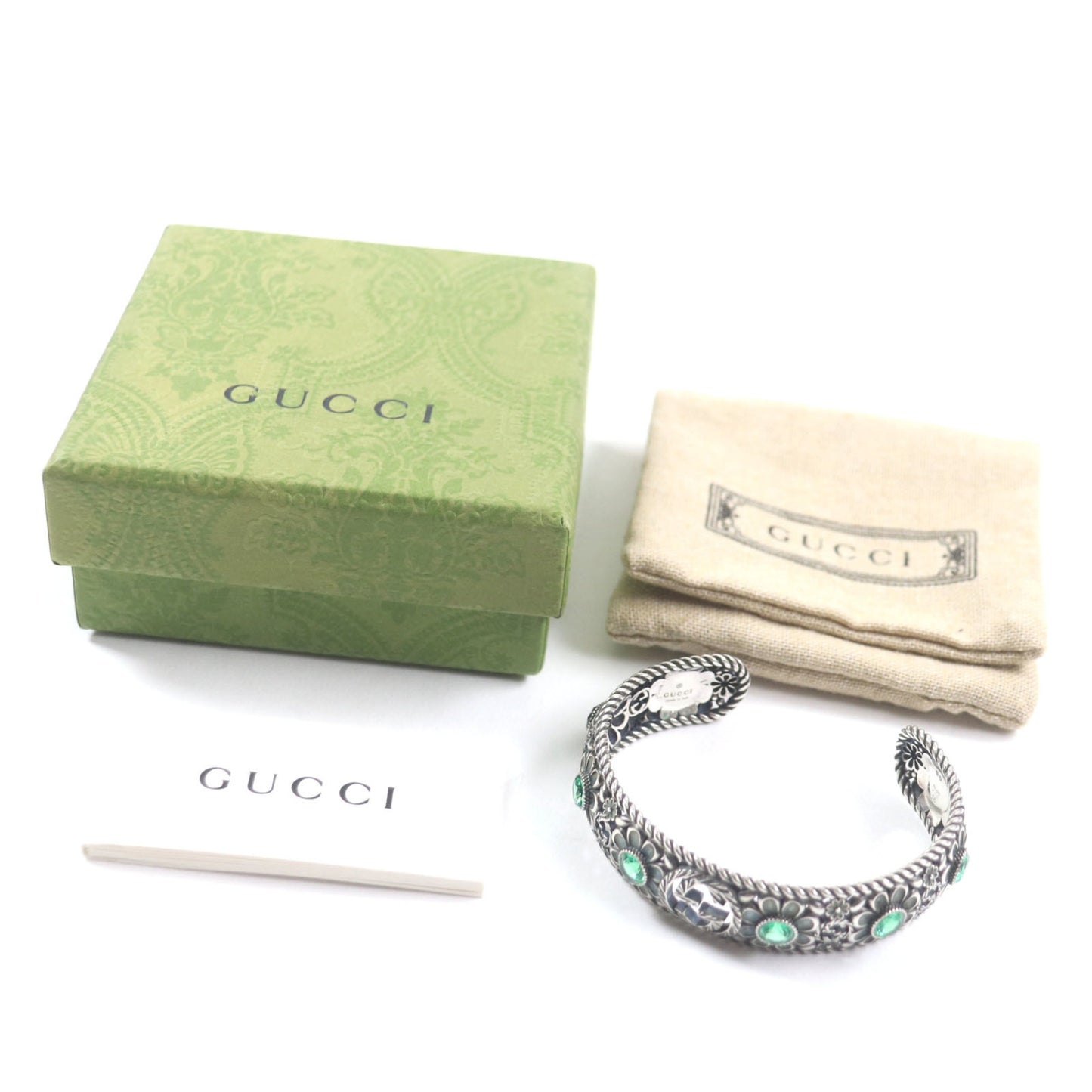 GUCCI Crystal Floral Interlocking G Bangle Bracelet, AG925 Silver, Green, Size 16, Includes Box and Dust Bag, Made in Italy, Weight 24.8g, Men's