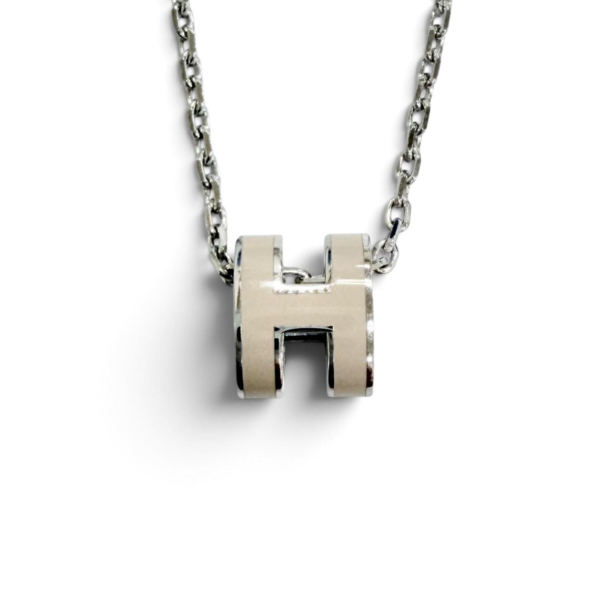 HERMES Mini Pop H Pendant Necklace - Marron Glacé (candied chestnut) design, silver hardware, made in France, women's, with box, very popular — Like New