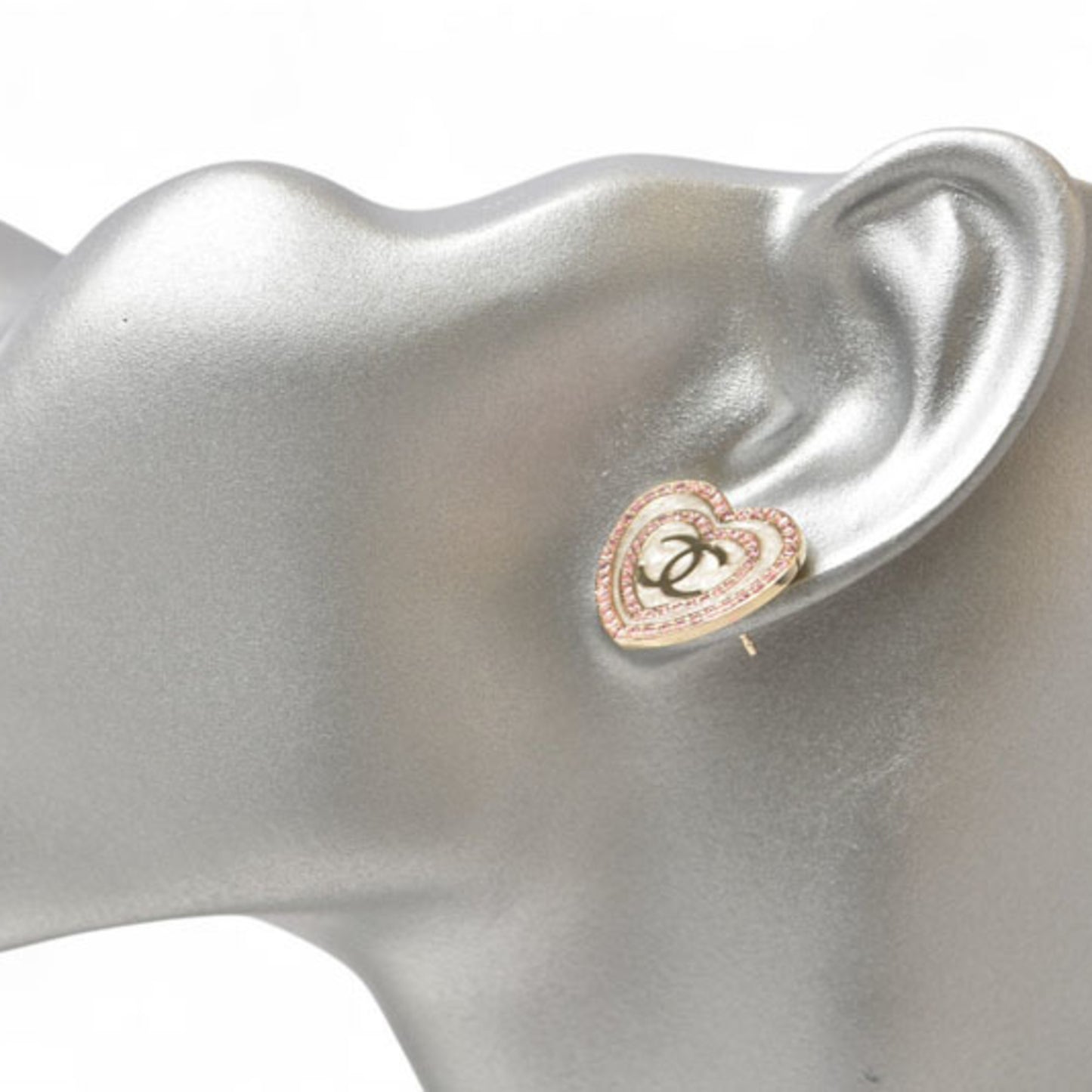 Chanel Earrings CHANEL CC Heart Motif Rhinestone Rose Gold B24