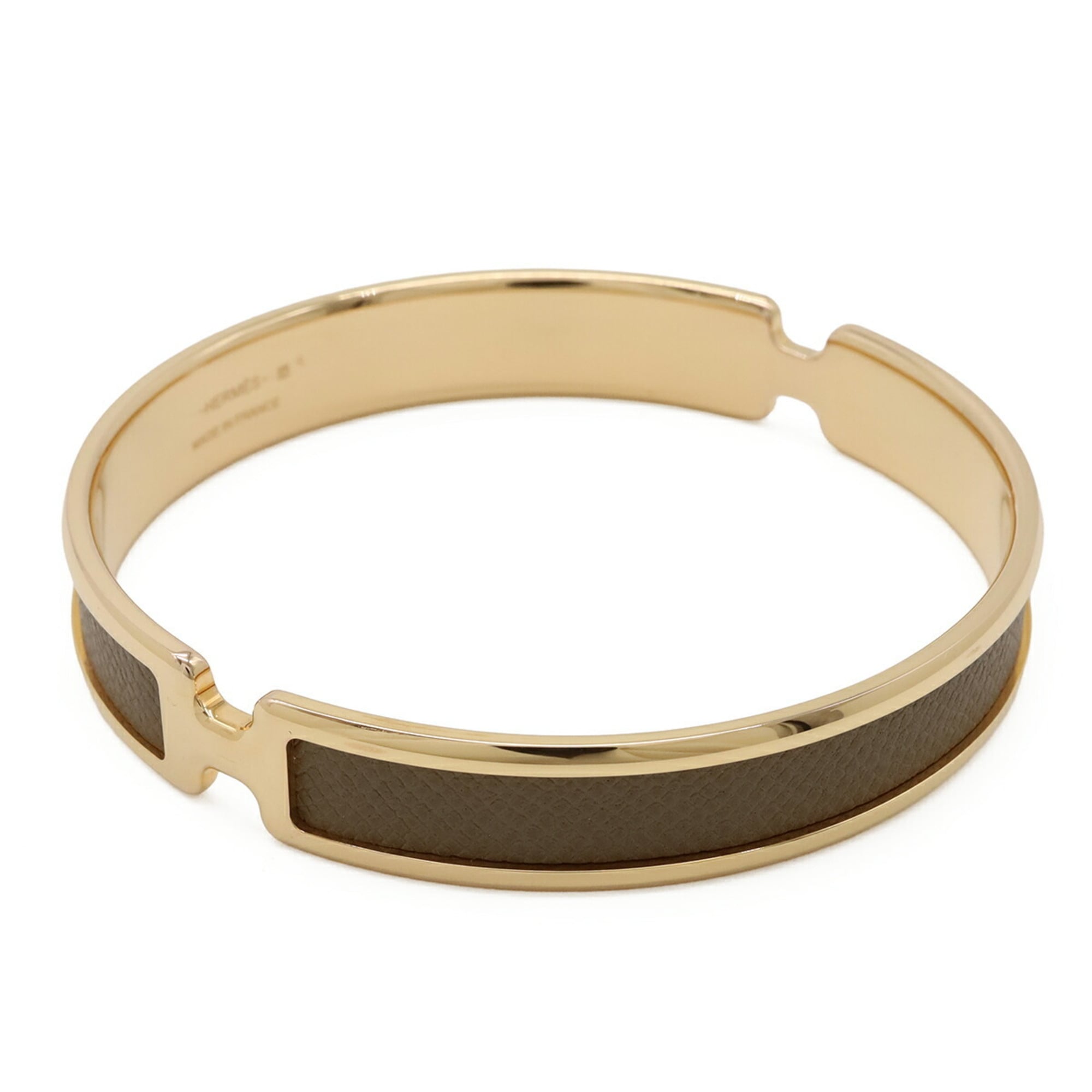 HERMES Olympe Bracelet Bangle Yellow Gold Plated Leather Greige Golden — Like New