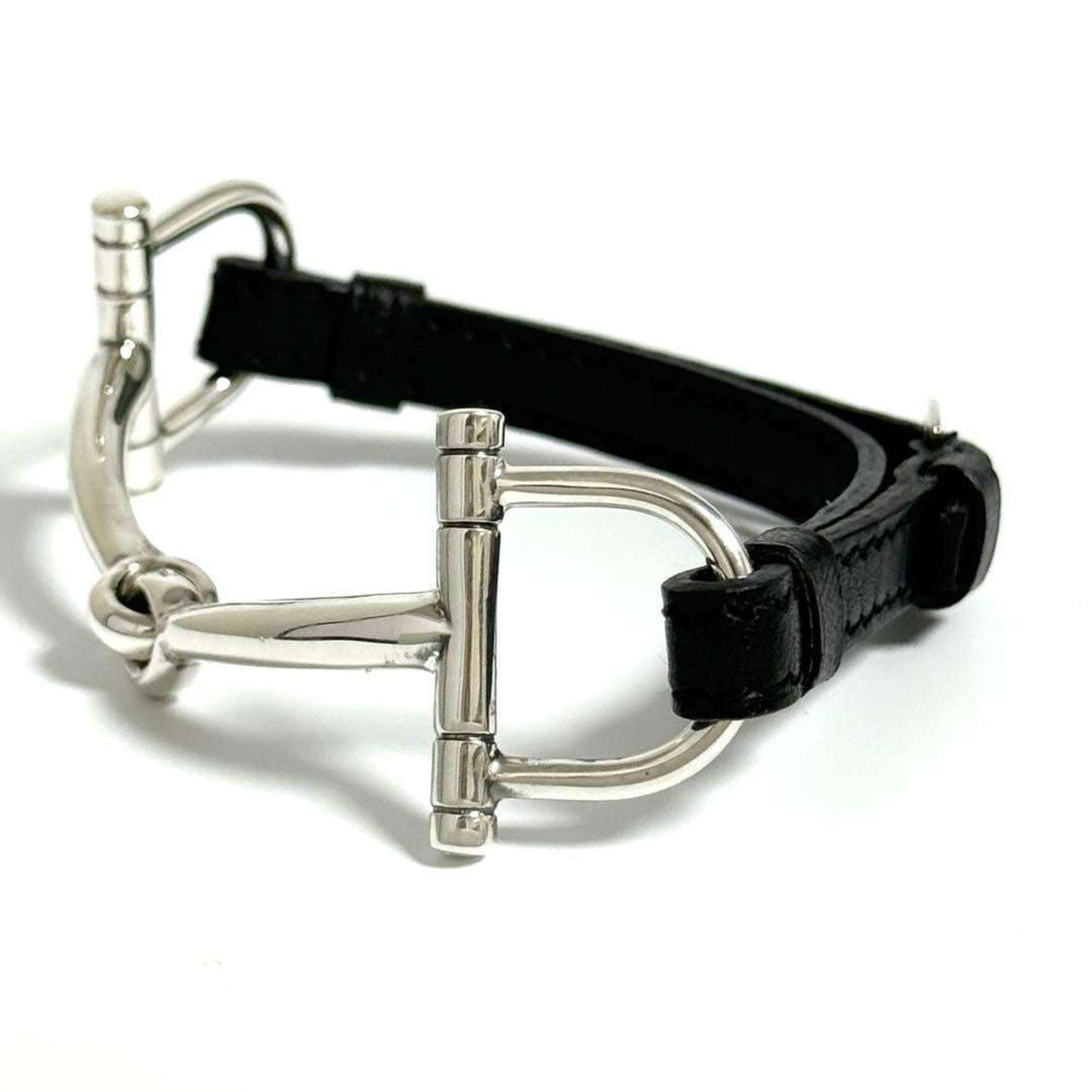 Hermes Horsebit Bracelet, Silver, Leather, Black, 16cm — Like New