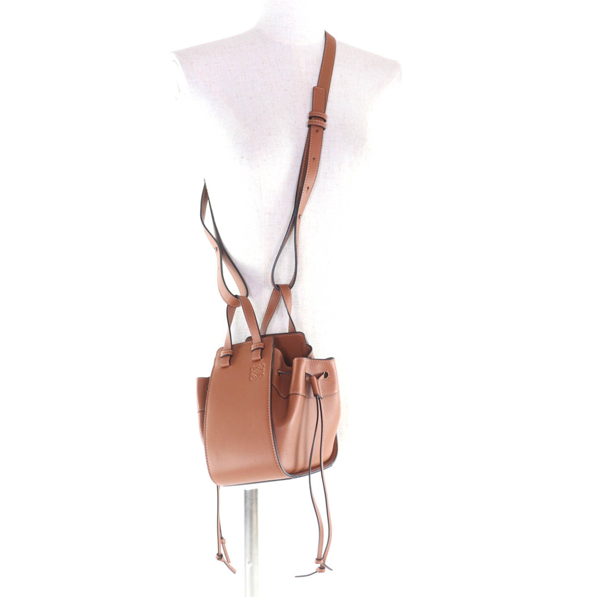 LOEWE 314.30.V07 Hammock Drawstring Mini Tan 2-Way Leather Shoulder Bag, Made in Spain, Women's — Like New