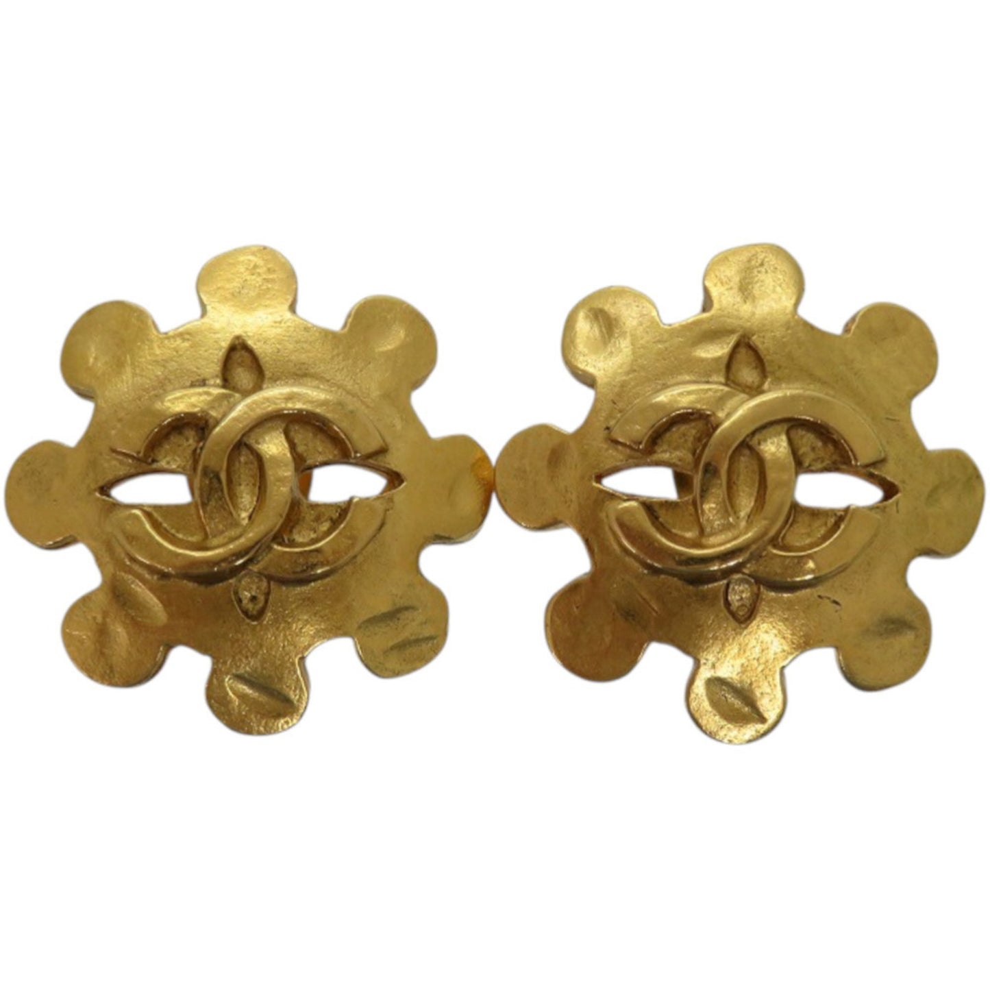 CHANEL Vintage Coco Mark Flower Metal Gold Earrings 0147