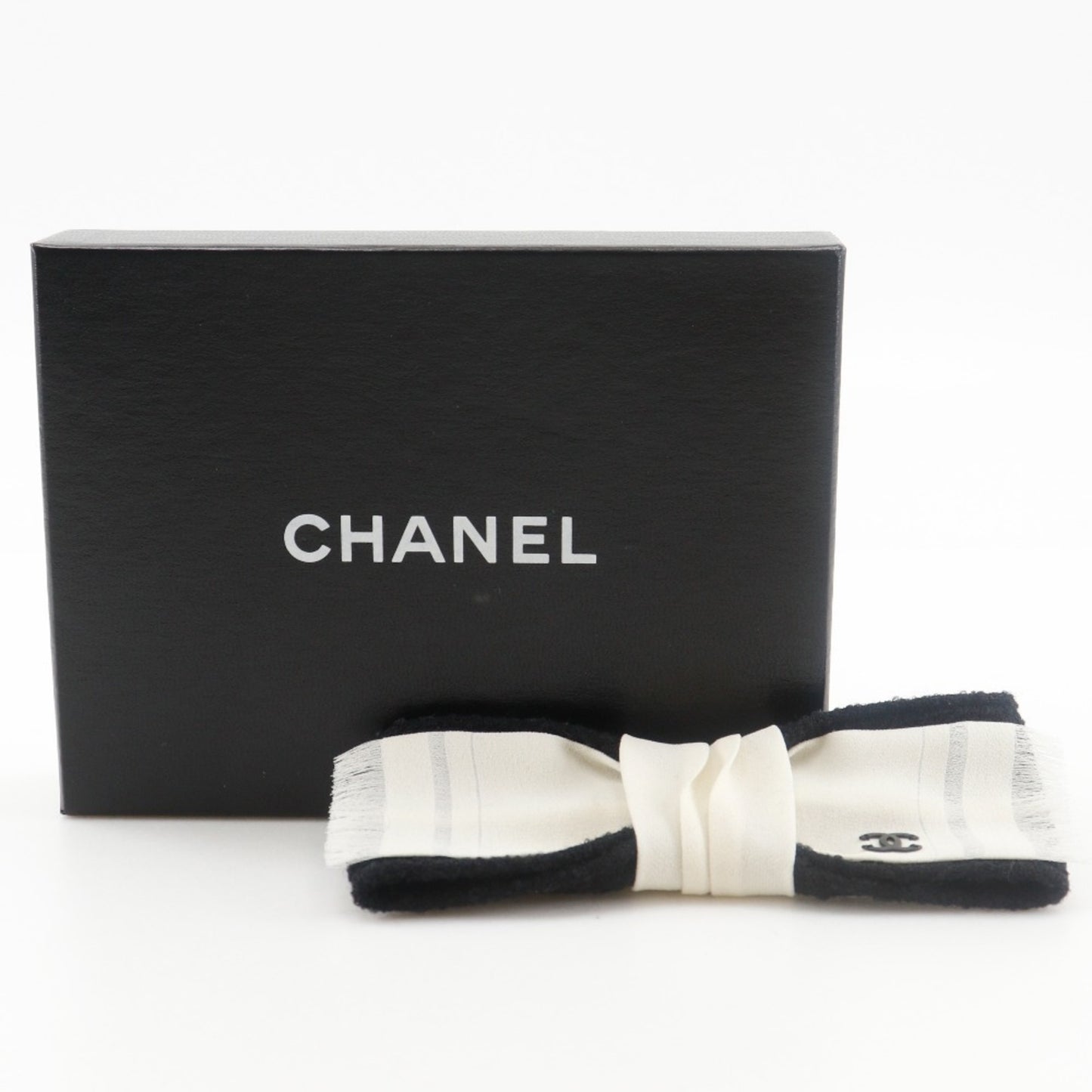 CHANEL Ribbon Brooch with Coco Mark, Tweed, Black/White, Approx. 15g, Women's