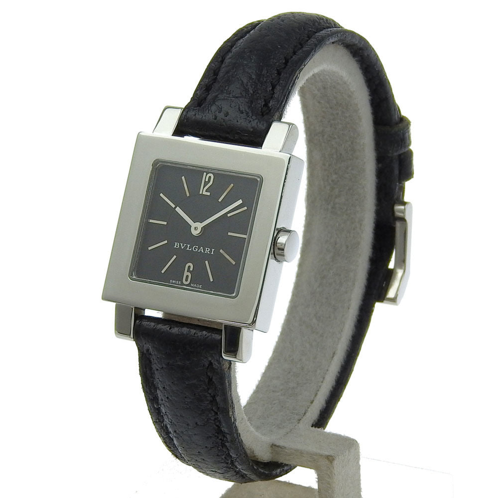BVLGARI Quadrado SQ22SL Women's Watch, Stainless Steel and Leather, Quartz Movement, Analog Display, Black Dial — Good