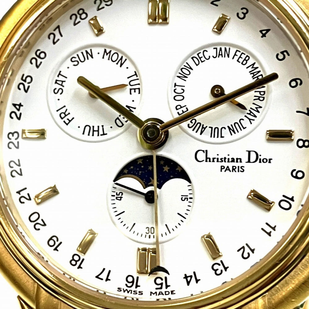 Christian Dior Moon Phase Triple Calendar Watch, Total Weight 70.6g, GP (Gold Plated) finish, Quartz movement, White dial, Item No. 61.271 — Good