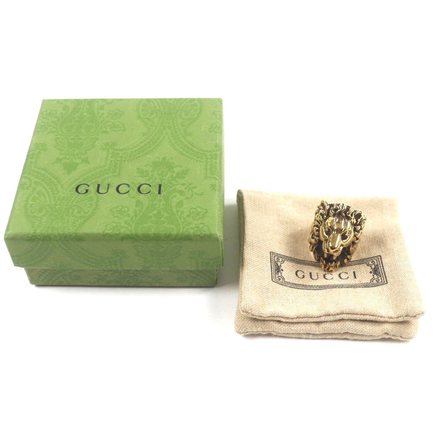 GUCCI Lion Head Ring with Color Stones, Gold and Black, Size 16, Comes Box Dust Bag, Made in Italy, Men's