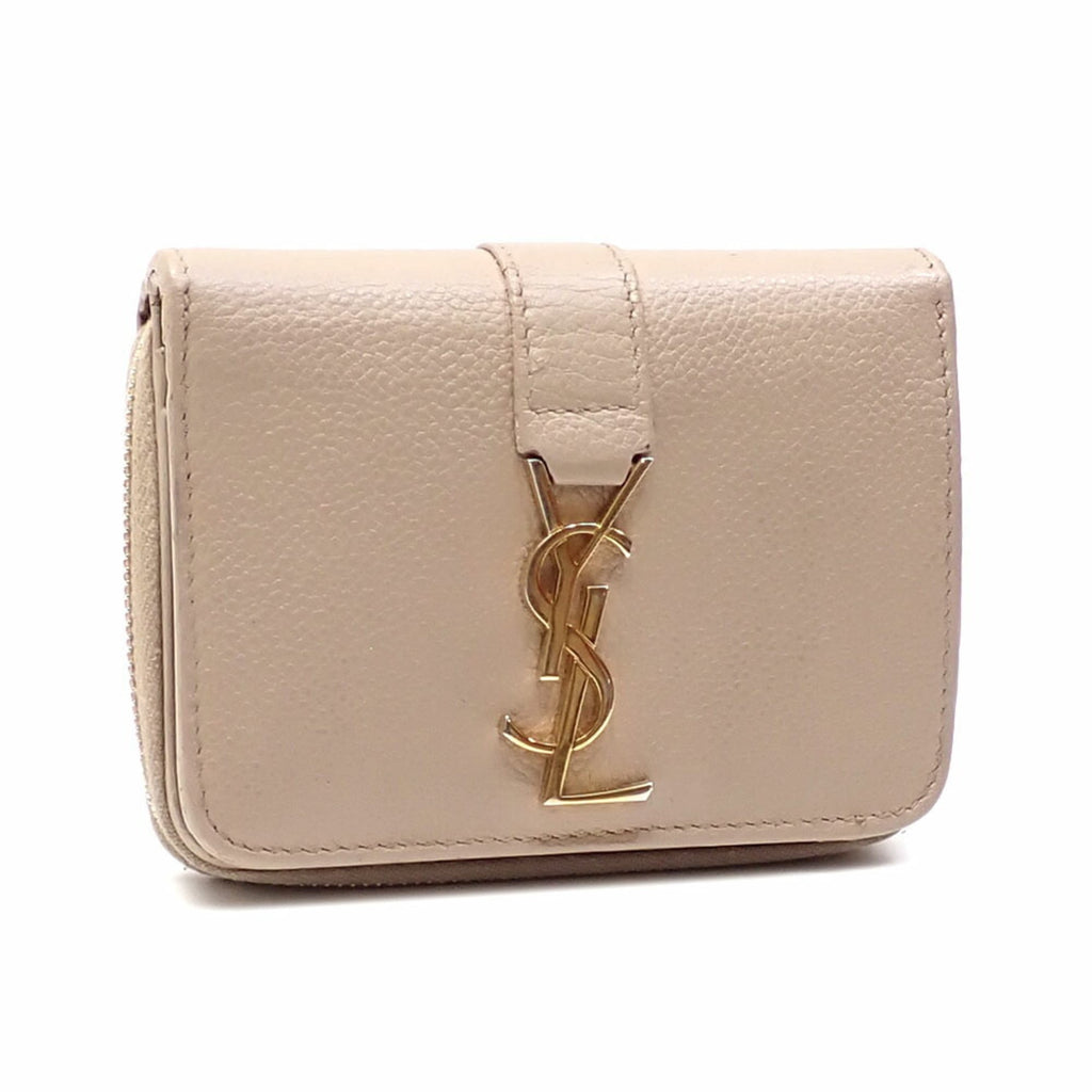 Saint Laurent Cassandra Bifold Wallet, Women's Beige Grained Leather Compact Zip Wallet