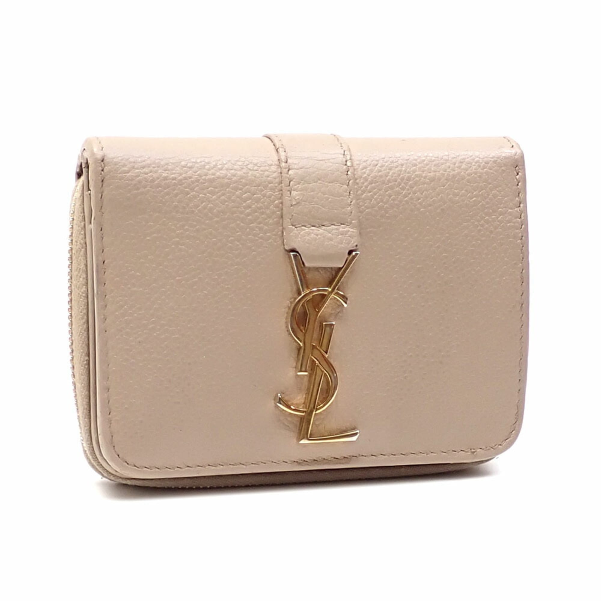 Saint Laurent Cassandra Bifold Wallet, Women's Beige Grained Leather Compact Zip Wallet