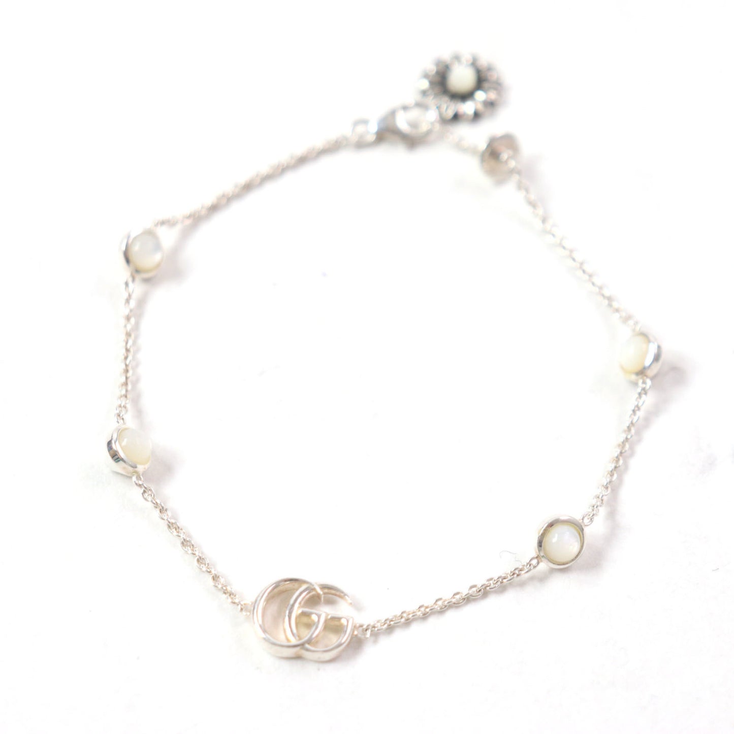 GUCCI 527393 Double G Mother-of-Pearl Flower Chain Bracelet, SV925 Silver, White, Size 17, Includes Dust Bag, Made in Italy, Weight 5.56g, Women's
