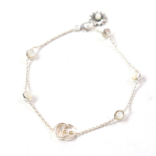 GUCCI 527393 Double G Mother-of-Pearl Flower Chain Bracelet, SV925 Silver, White, Size 17, Includes Dust Bag, Made in Italy, Weight 5.56g, Women's