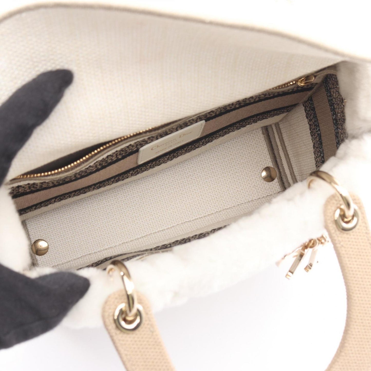 Christian Dior Dior LADY D-LITE Medium Handbag, Canvas and Shearling, Women's, White, Beige, Black