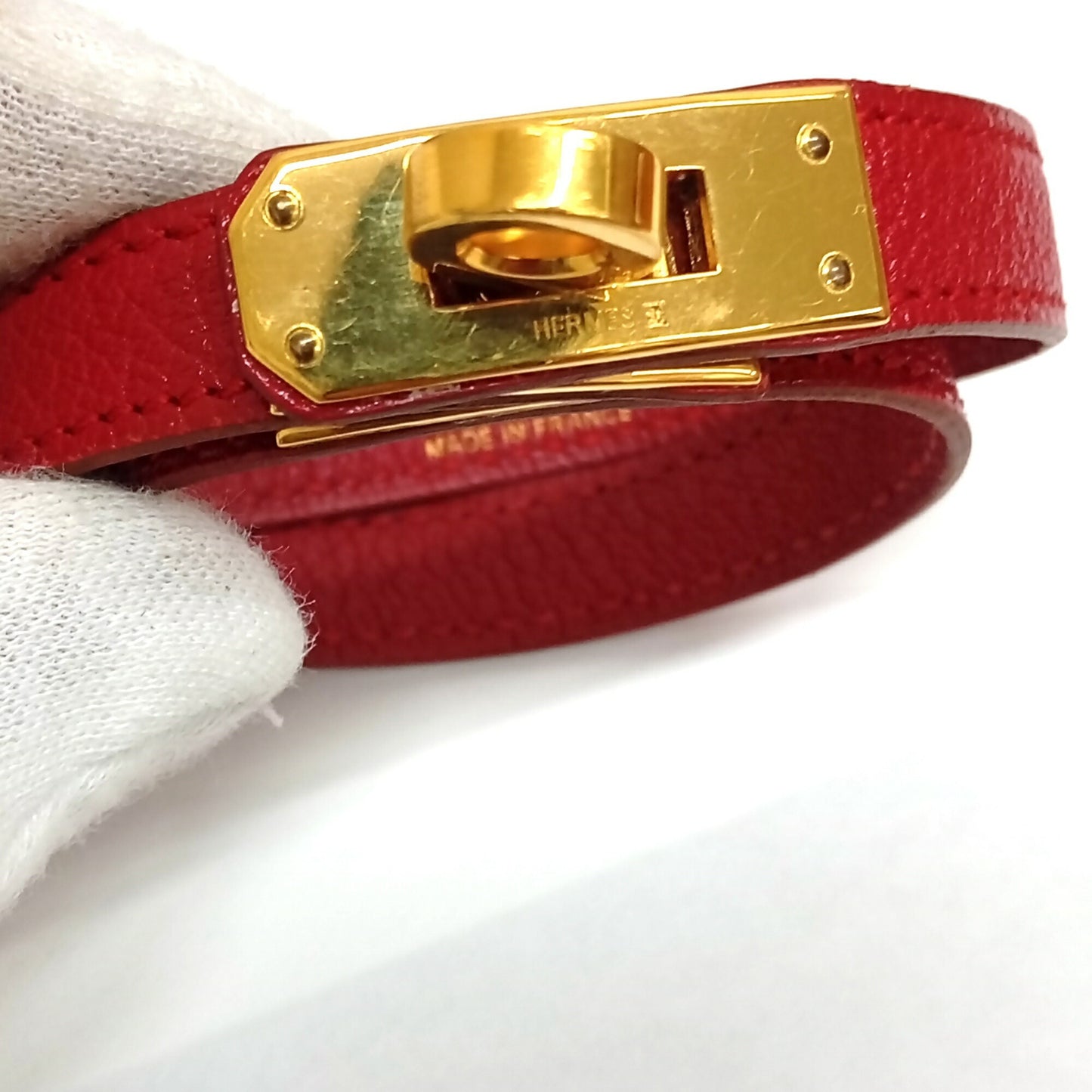 HERMES Leather Bracelet Kelly Double Tour Red (Discontinued Color) □F Made in 2002