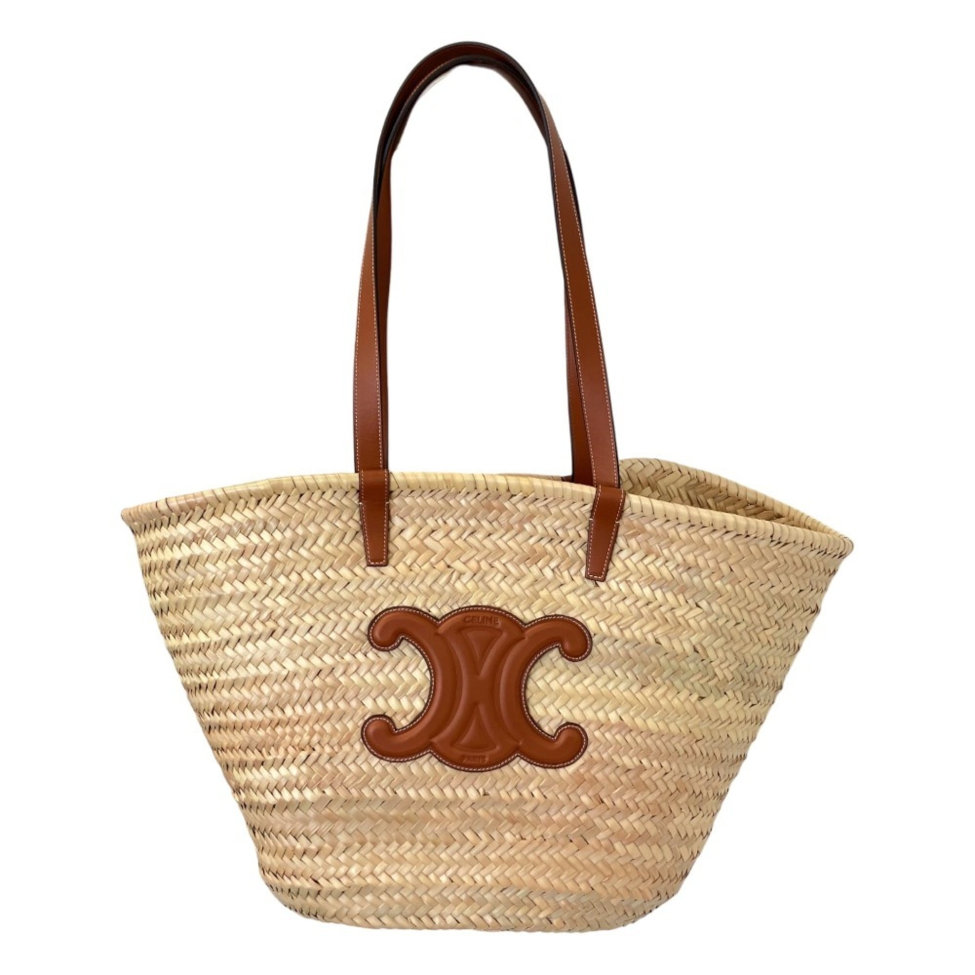 CELINE Large Triomphe Raffia x Leather Basket Bag Classic Panier Natural Tan Women's — Like New