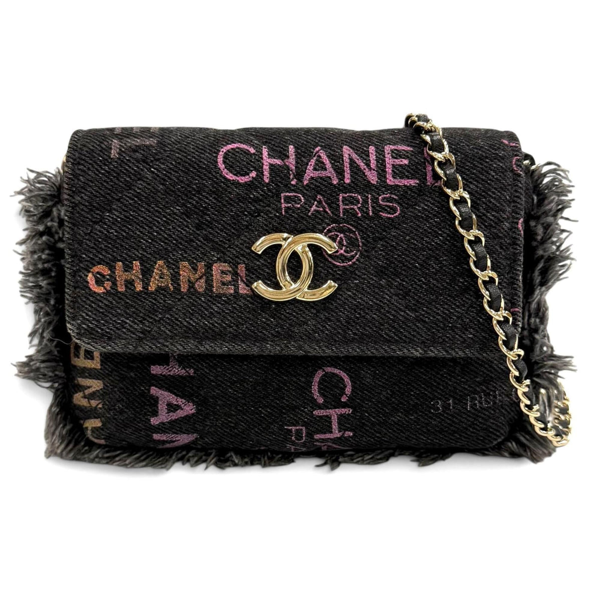 CHANEL Coco Mark Mini Matelassé Denim Leather Chain Fringe Bag Shoulder Black Multi Made in France Women's with Box and Dust — Like New