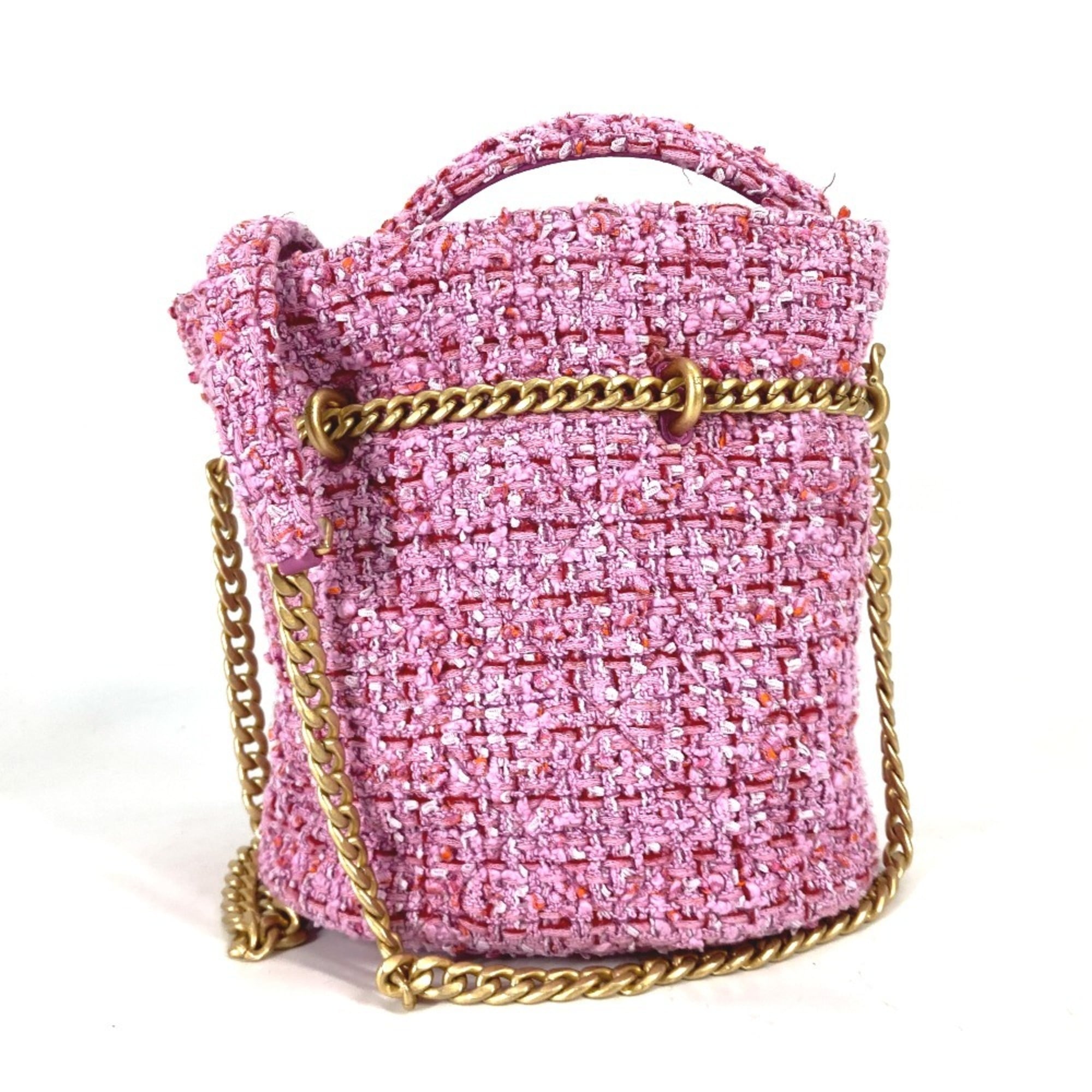 CHANEL 2022SS CC Coco Mark Chain Bucket-Shaped Pochette, 2-Way Handbag/Shoulder Bag, Tweed, Women's, Pink — Like New