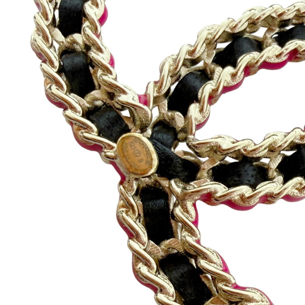 CHANEL CC Brooch Coco Black Pink B23B Champagne Gold Leather Chain Women's Men's — Like New