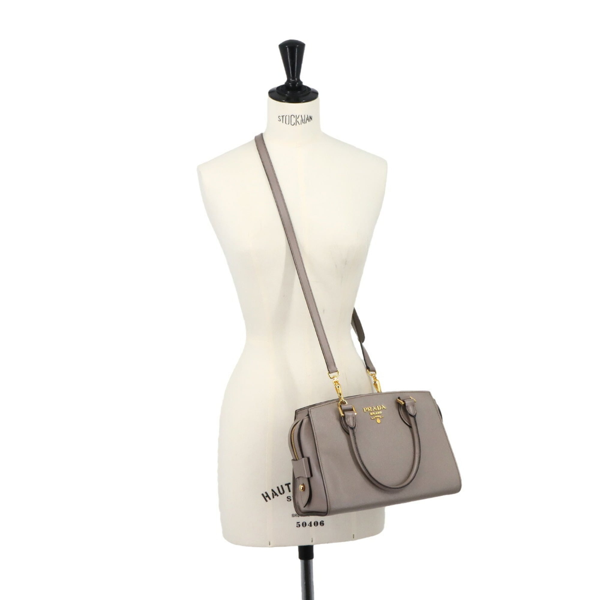Prada Saffiano 2-way Hand/Shoulder Handbag, Gray Leather, 1BA164, Gold Hardware — Like New