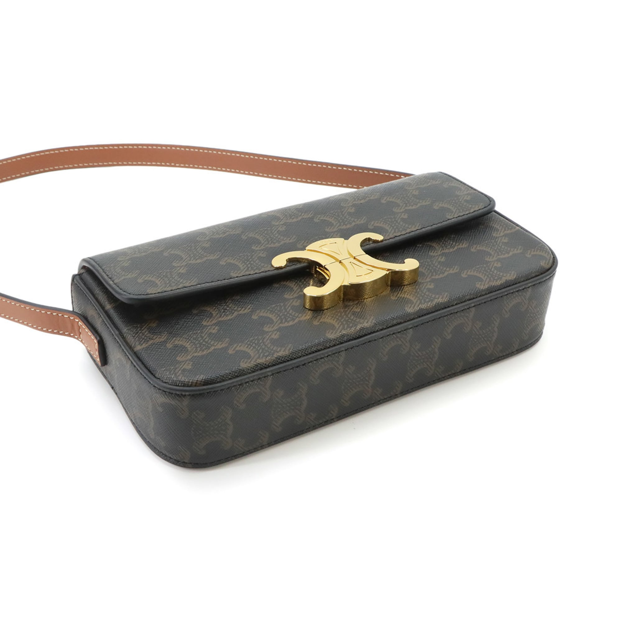 Celine Triomphe Claude Shoulder Handbag, Leather, Tan, Black, Brown, Gold Hardware, 194142 — Like New