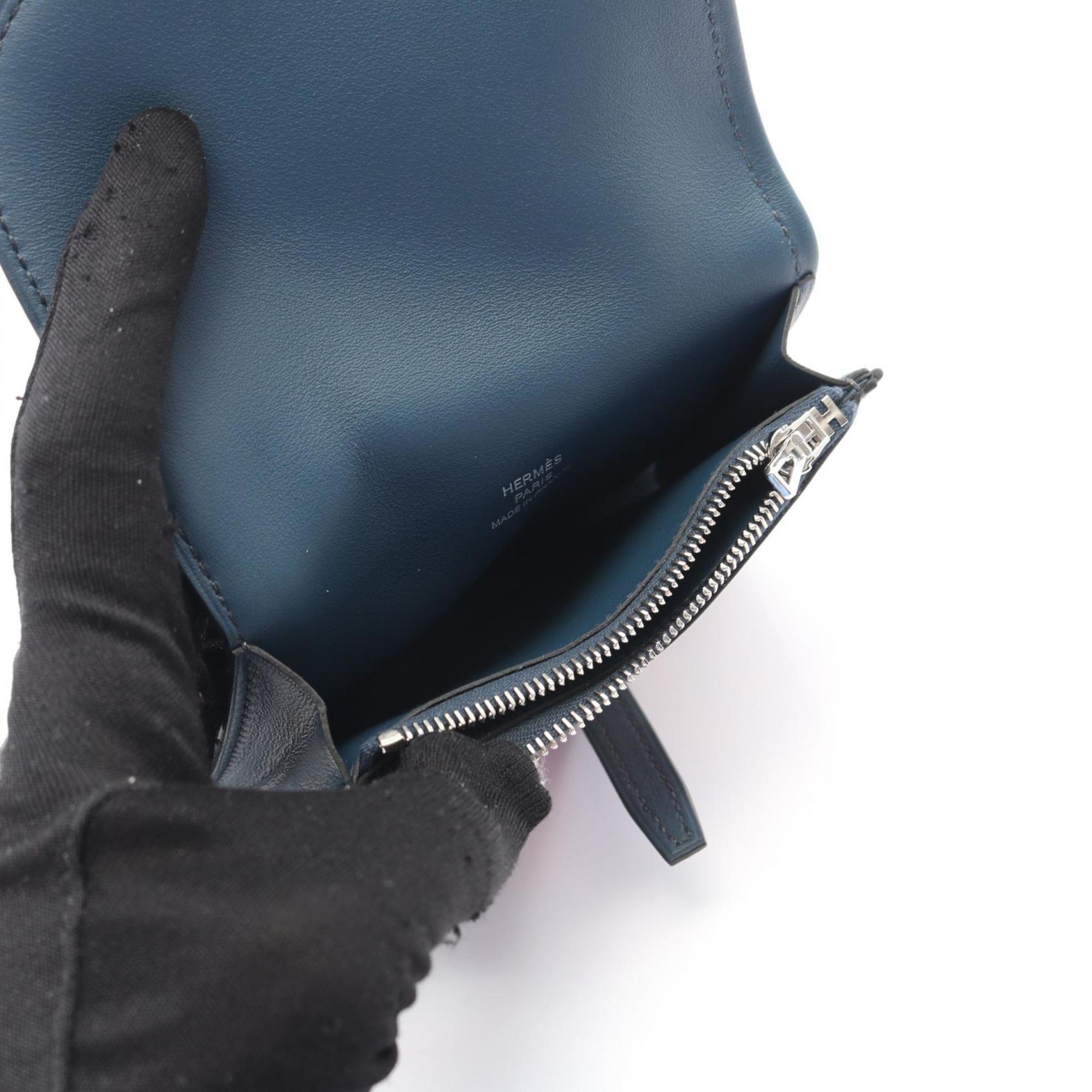 Hermes Hermès Avexois Compact ANIMAPOLIS Wallet/Coin Case, Silk and Leather, Swift Women's, Navy, Multicolor, Mykonos Orange