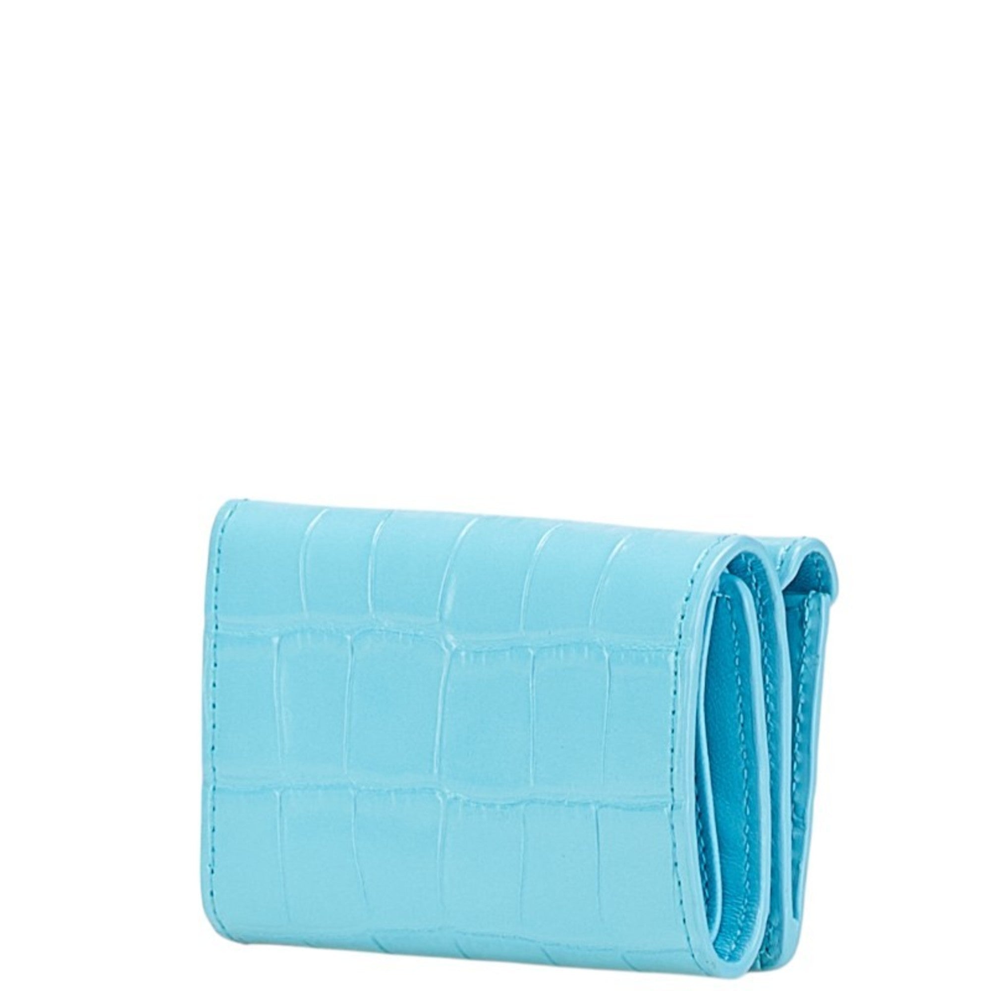 Balenciaga Paper Mini Wallet, Crocodile Embossed Tri-fold Compact Light Blue Leather, 391446, Women's