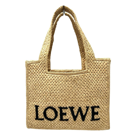 LOEWE Font Tote Small Handbag, 2-Way Shoulder Bag, Raffia, Beige, Women's