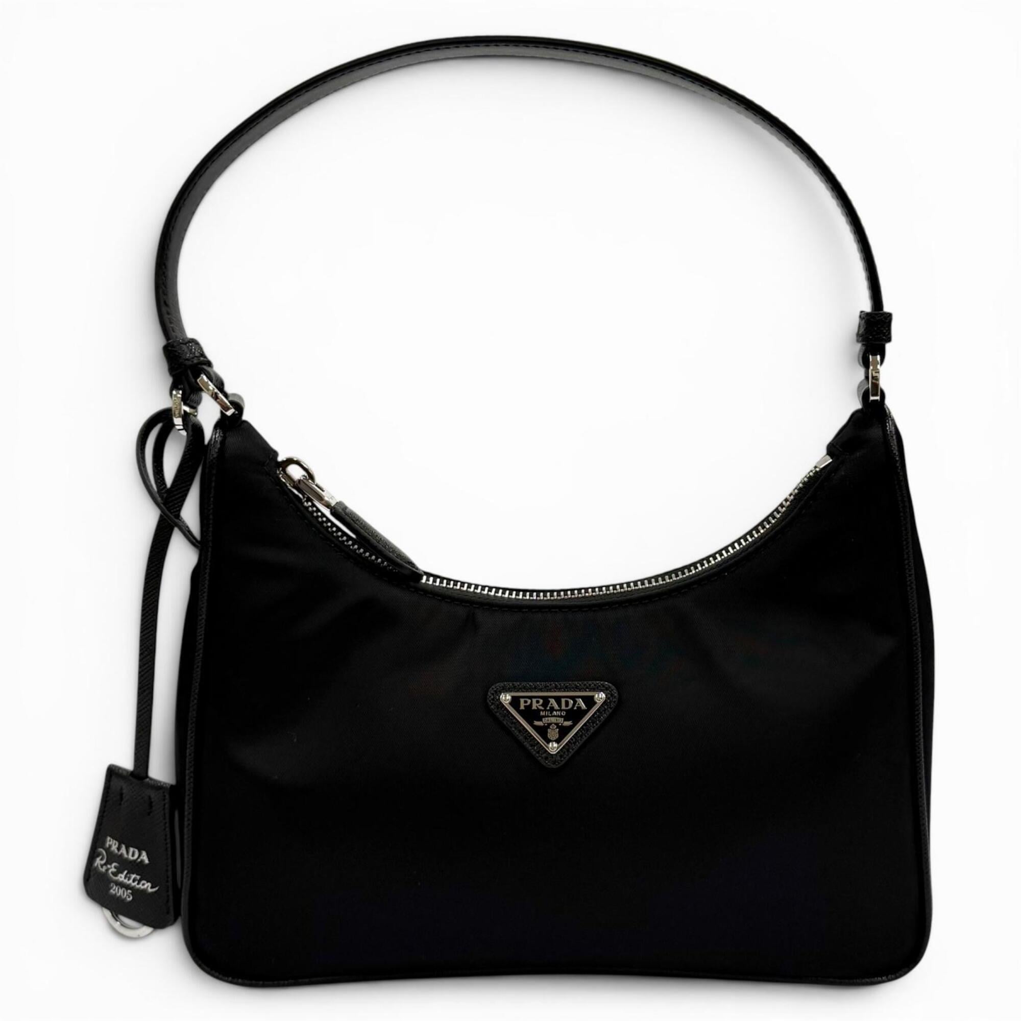 PRADA 1N204X Re-Edition 2005 Re-Nylon Triangle Logo Handbag, Black, Made in Italy, Women's, with Box and Dust Bag — Like New