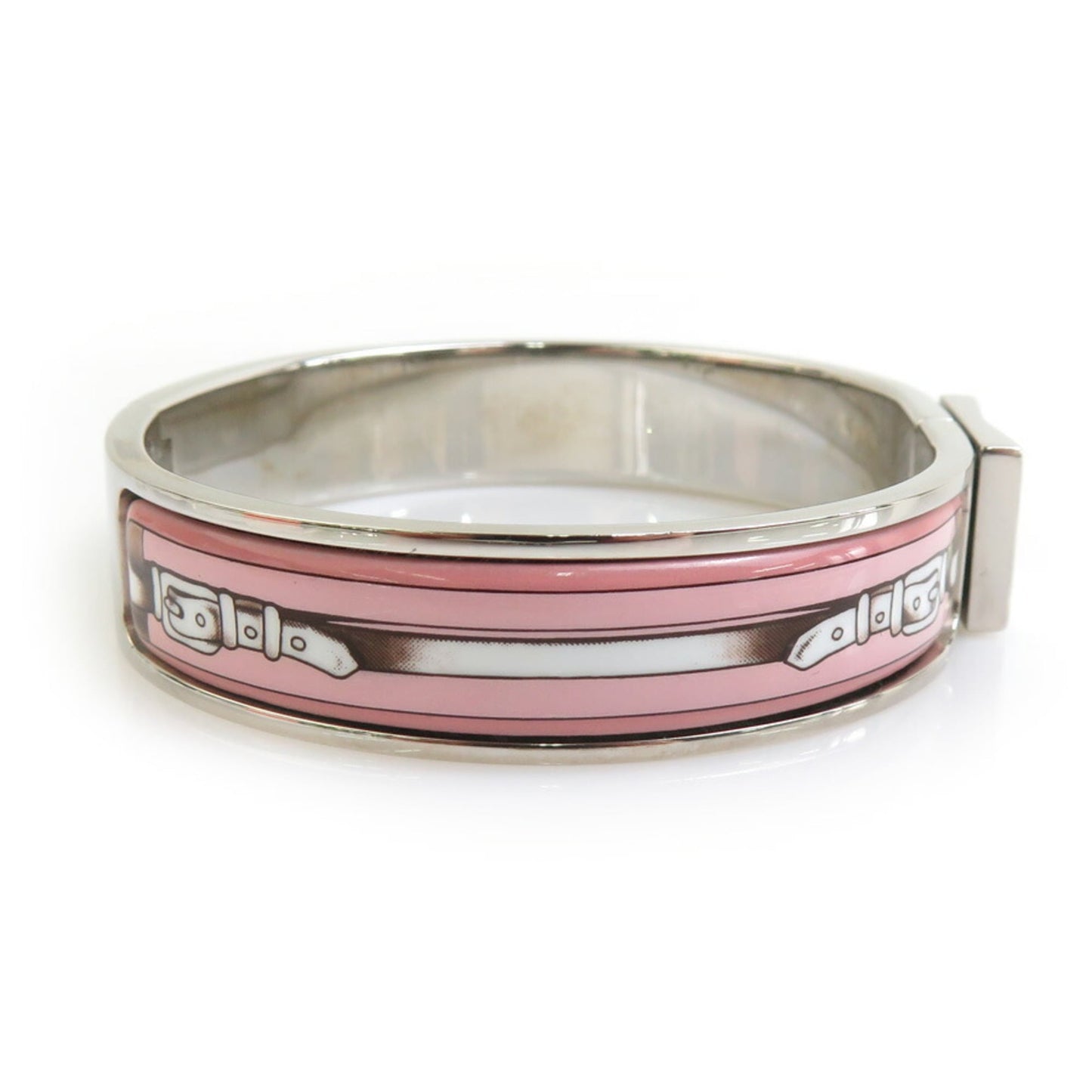 Hermes Hermès Click-Clack Metal Enamel Bangle Bracelet in Silver, Pink, and White for Women (e60864a)