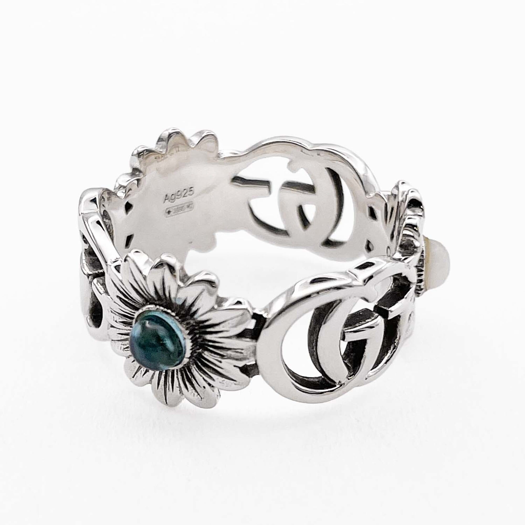 GUCCI Double G Flower Turquoise Mother-of-Pearl Ring, SV925, 13 7782, Silver, Men's/Women's — Like New