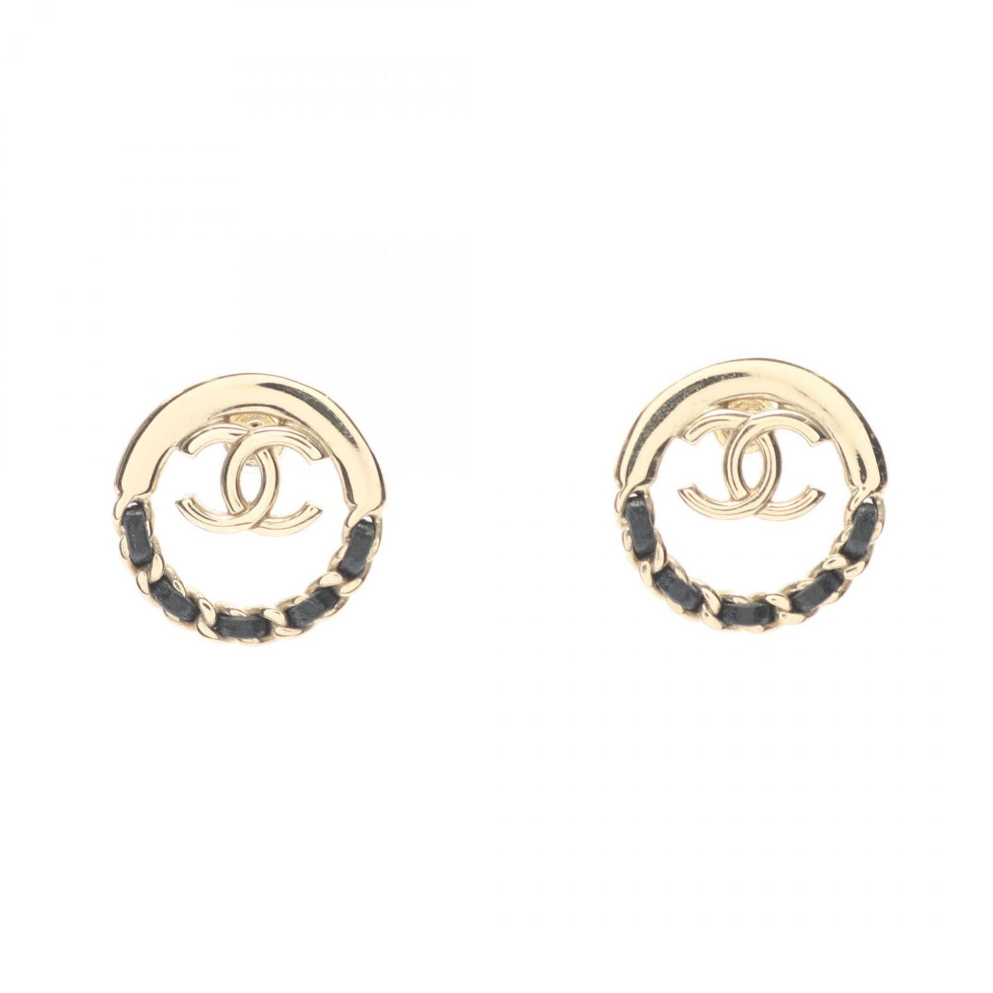 CHANEL Coco Mark Earrings, Gold-Plated Leather, Women's, Gold and Black