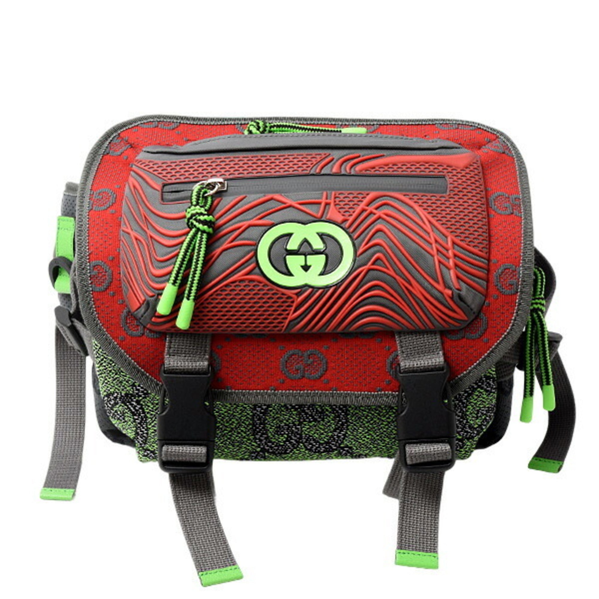 Gucci Men's Small Backpack GG Nylon Belt Bag in Gray, Red, and Green (GUCCI 752100)