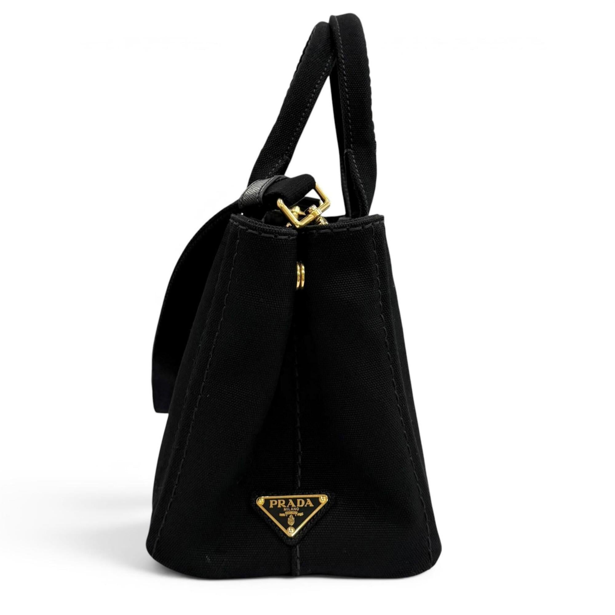 PRADA 1BG439 Canapa NERO Triangle Logo Plate Design Canvas 2-way Tote Bag for Women with Dust — Like New