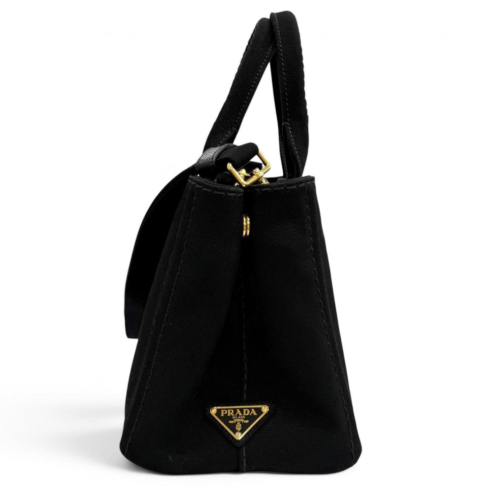 PRADA 1BG439 Canapa NERO Triangle Logo Plate Design Canvas 2-way Tote Bag for Women with Dust — Like New