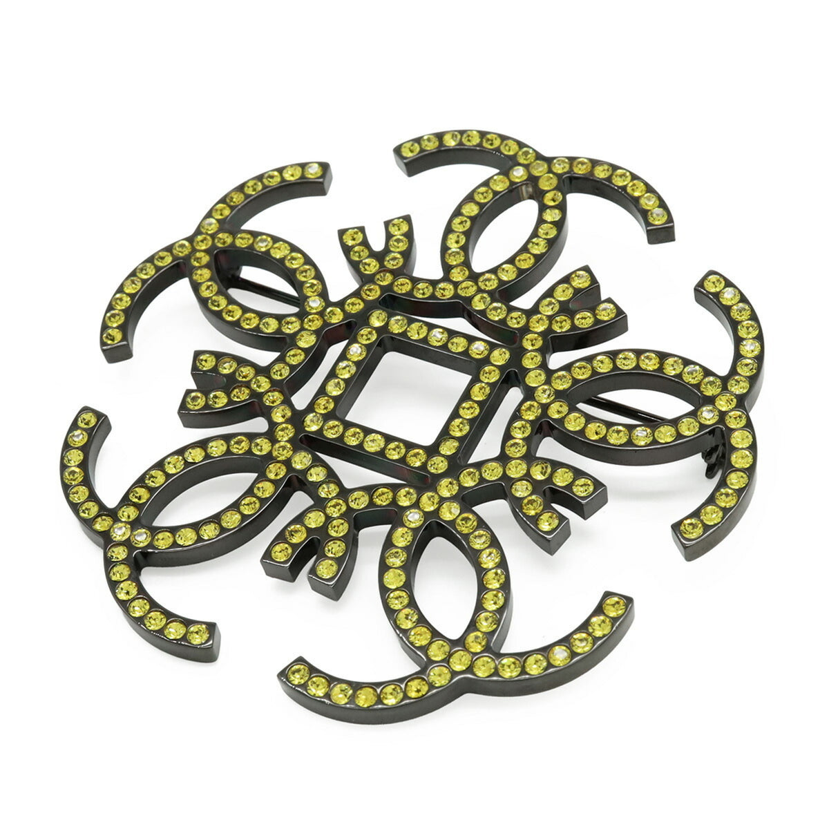 CHANEL Coco Mark Rhinestone Brooch, Metal, Yellow Gold, Black, B17S — Like New