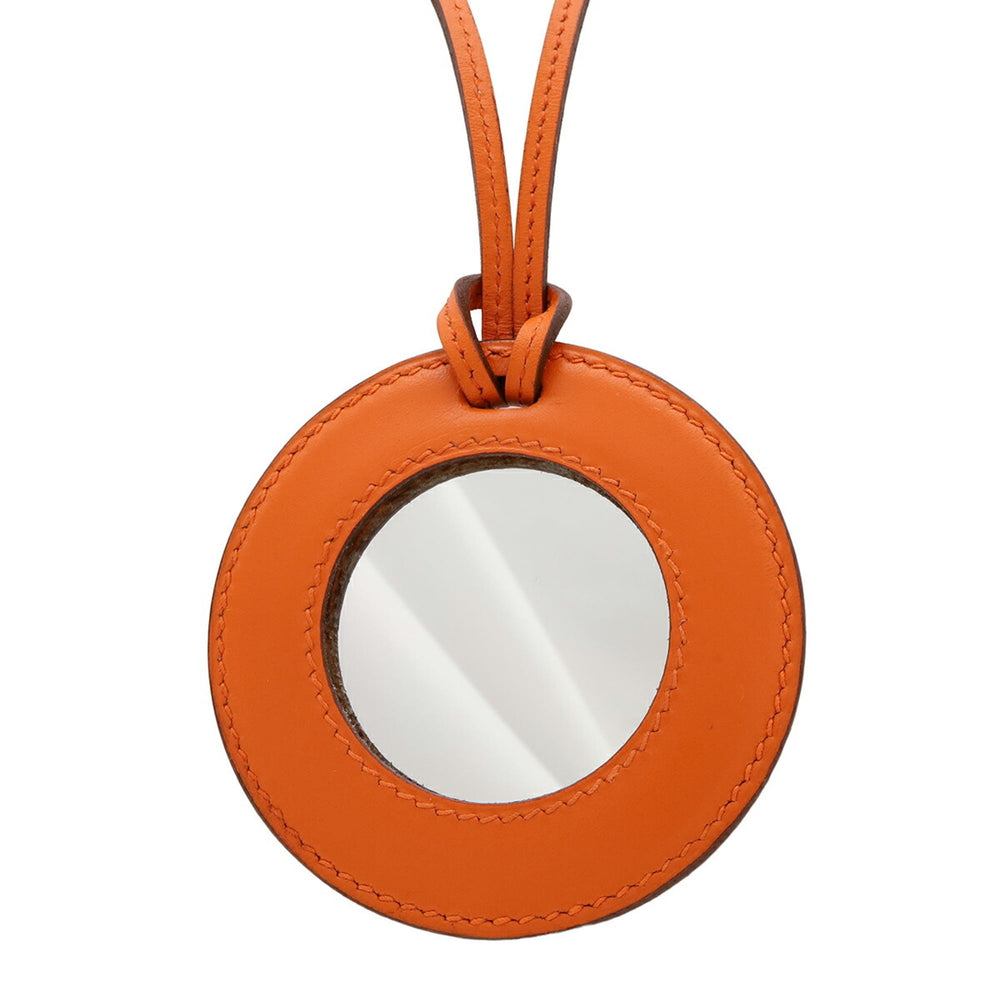 HERMES Hermes Magnifying Glass Necklace Pendant Circle Round Leather Orange — New - Store Return