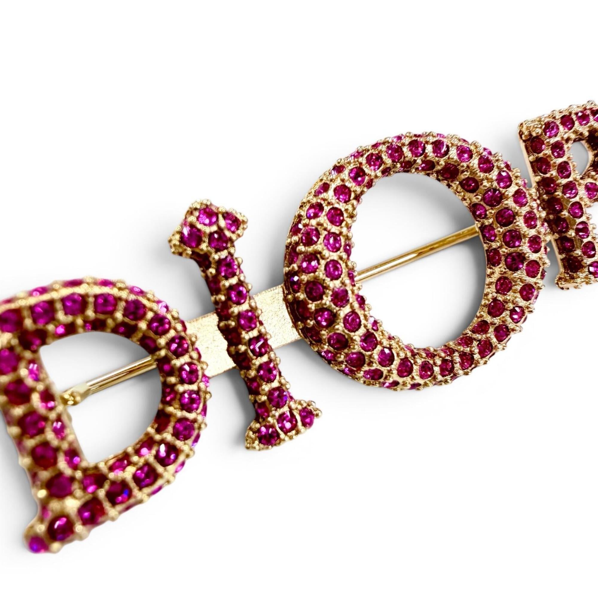 Christian Dior DIOR logo rhinestone brooch, pink with gold hardware, women's accessory, comes box and dust bag — Like New