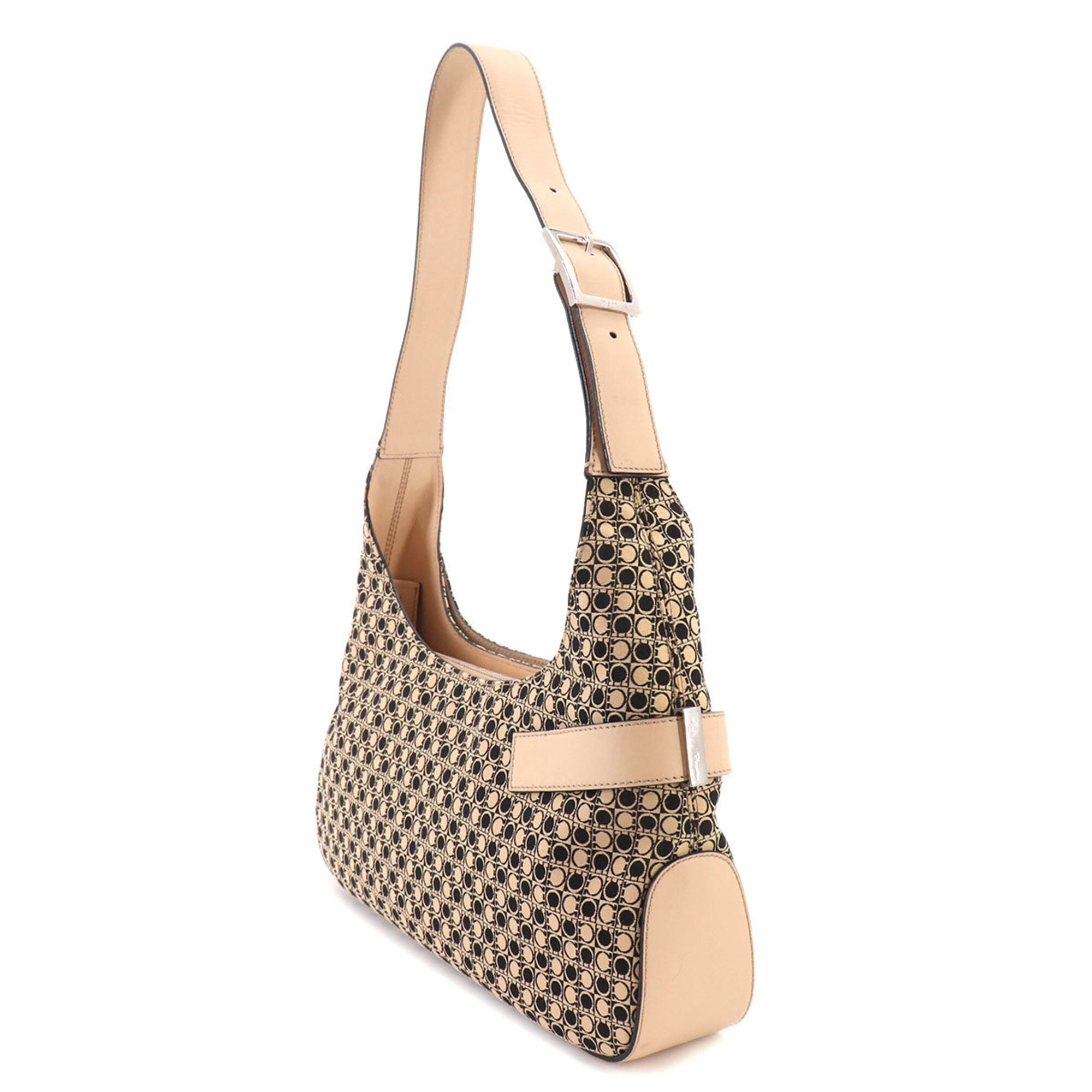 Salvatore Ferragamo Gancini Shoulder Handbag, Canvas and Leather, Beige Black, AQ-21 0201 Bag — Like New