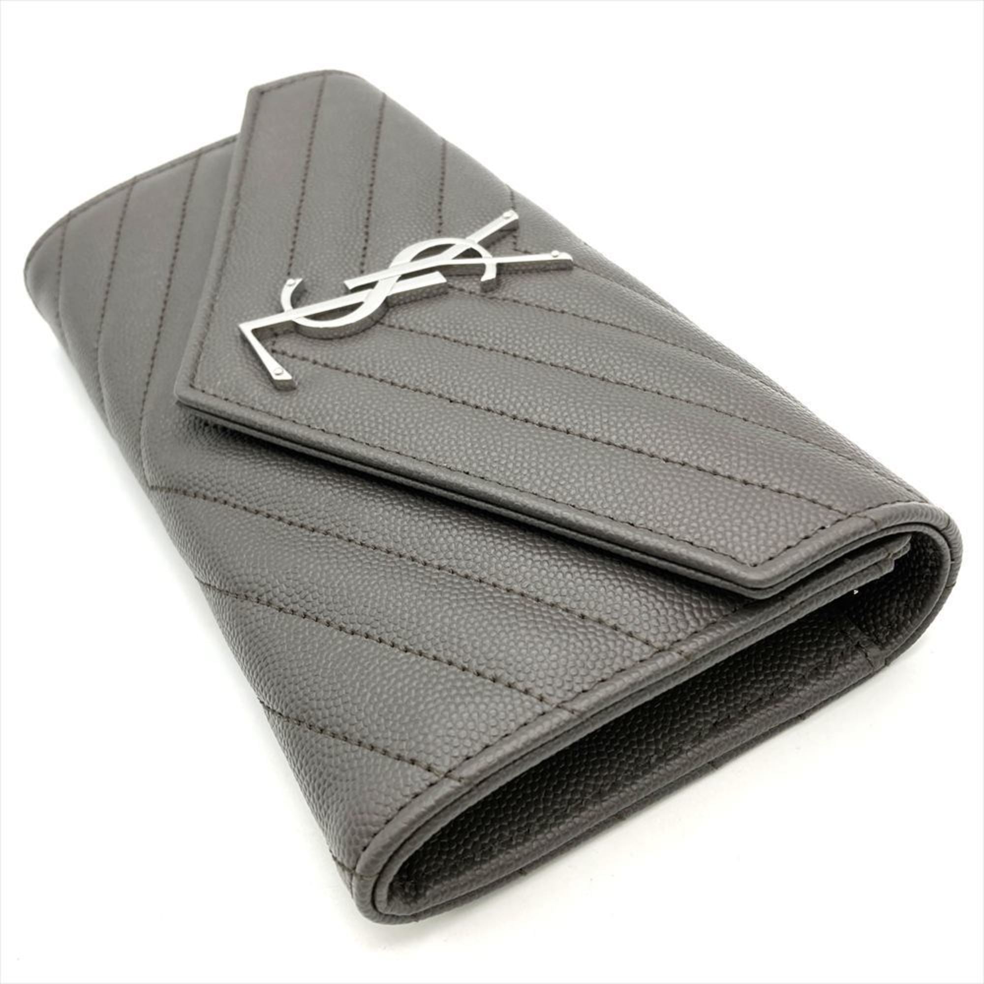 Saint Laurent YSL Cassandra V-Stitch Leather Long Wallet, 372264, Gray, Unisex