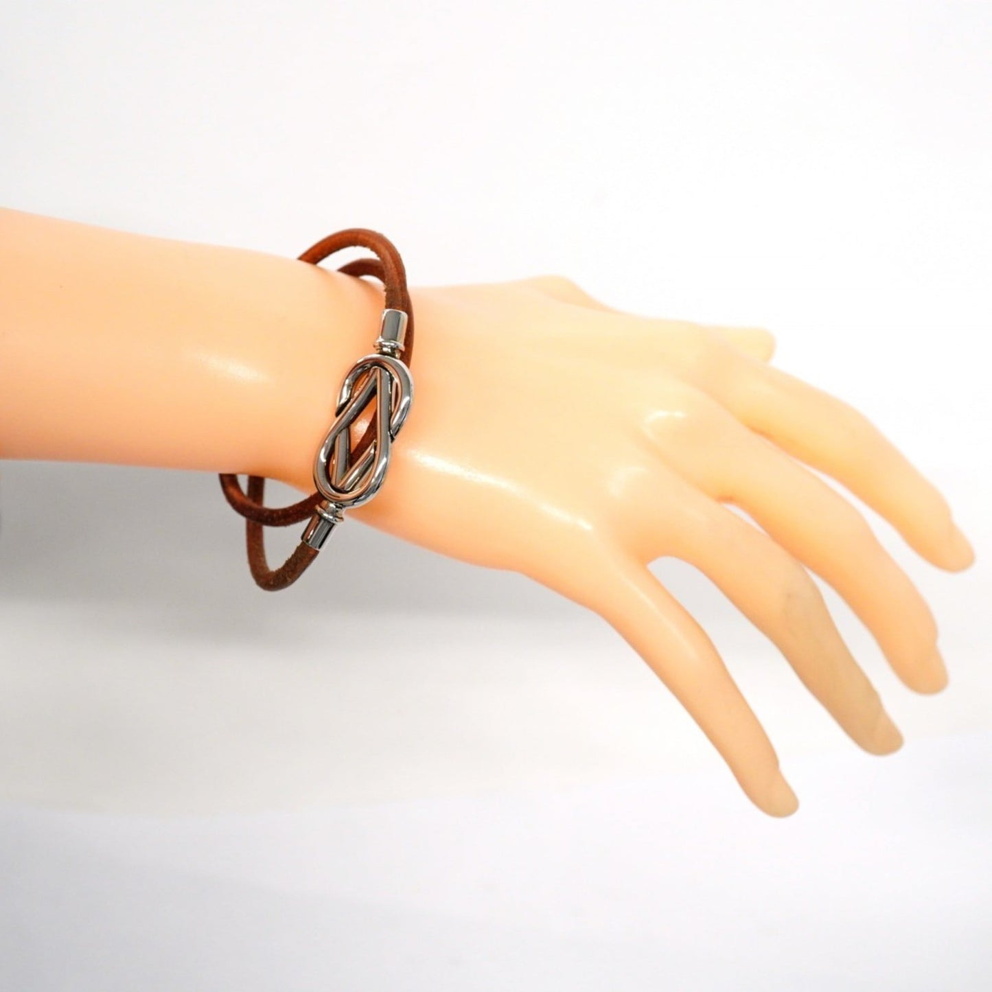 Hermes Hermès Atame Bracelet, 2-Row, Metal, Leather, Silver, Brown, Men's and Women's