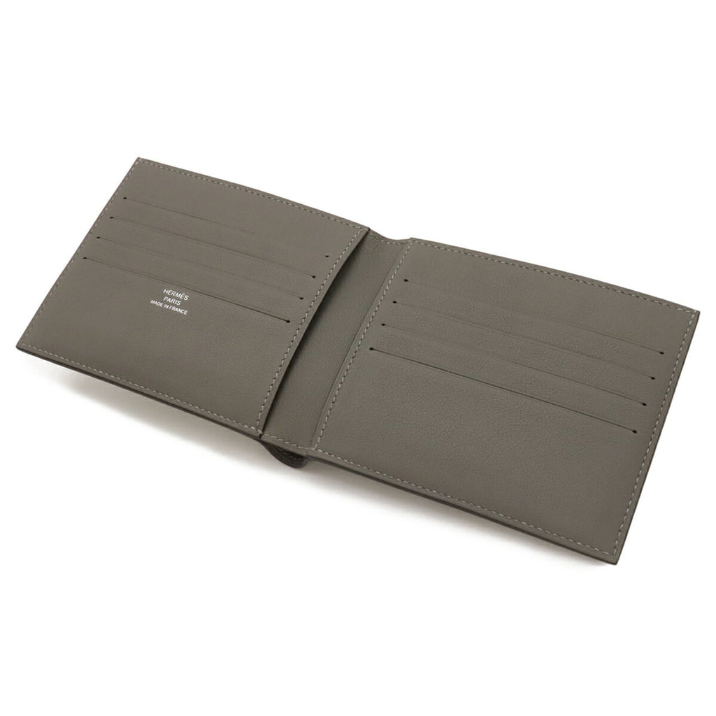 HERMES Citizen Twill Compact Bi-fold Wallet in Swift Leather and Silk, Gray, B Stamp