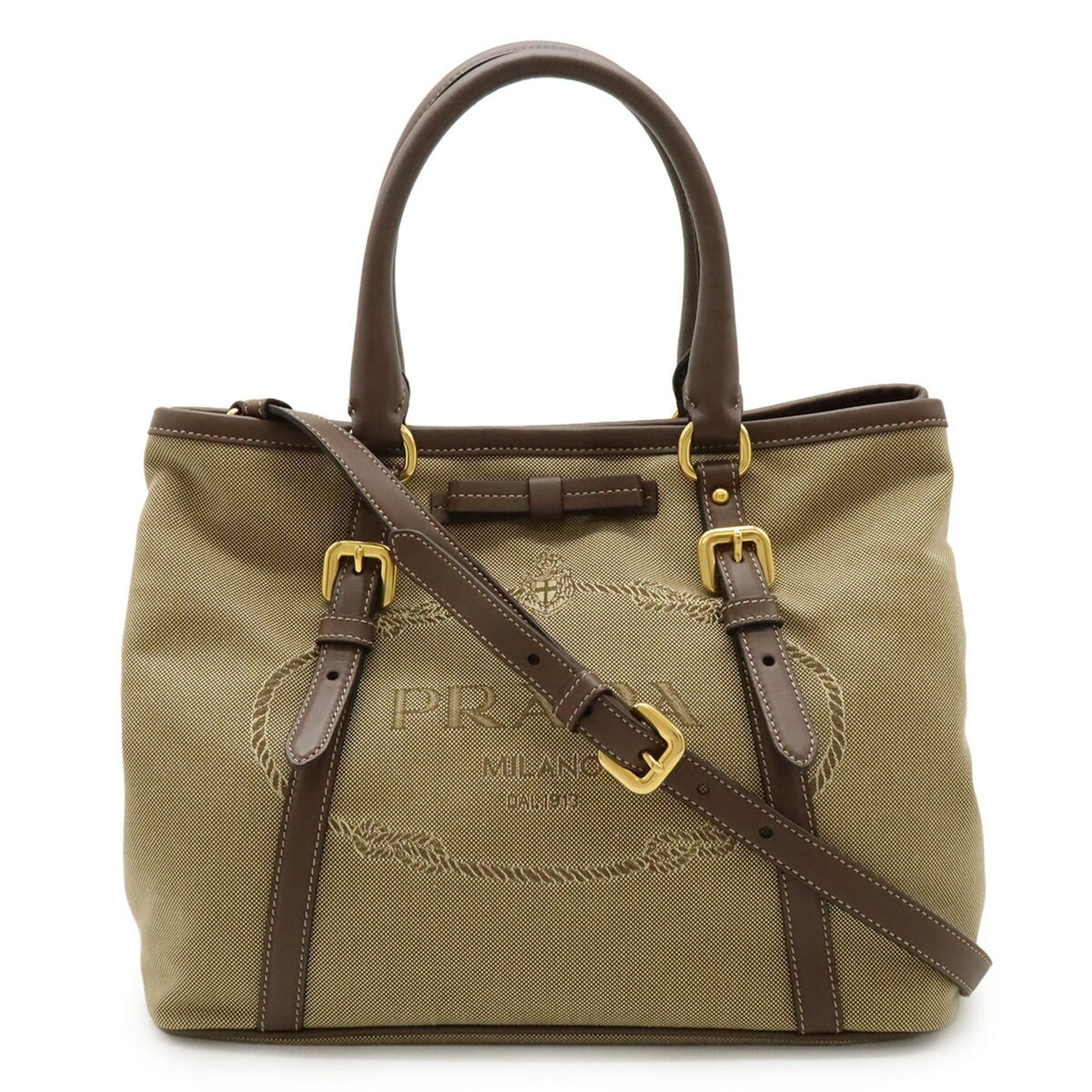 PRADA Jacquard Ribbon Handbag/Tote/Shoulder Bag in Canvas Khaki Beige and Mocha Brown (BN1841)