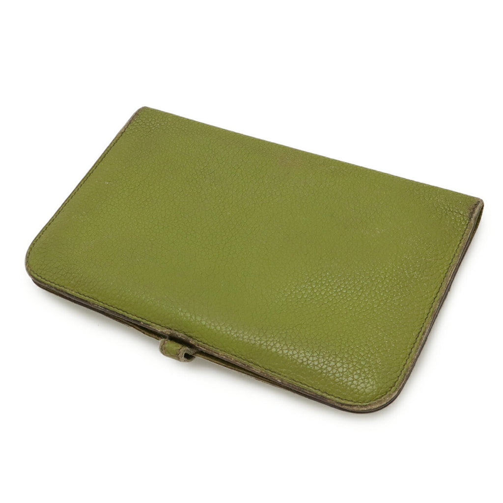 HERMES Dogon Duo GM Bifold Long Wallet in Togo Leather, Anise Green/Yellow-Green, Coin Case Missing, □L Stamped