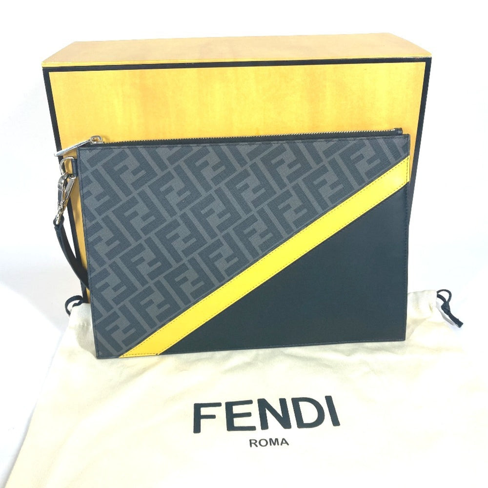 FENDI 7N0110 Flat Diagonal Zucca Second Bag Pouch Clutch Leather Men's Black x Yellow Gray E-240828-5 — Like New