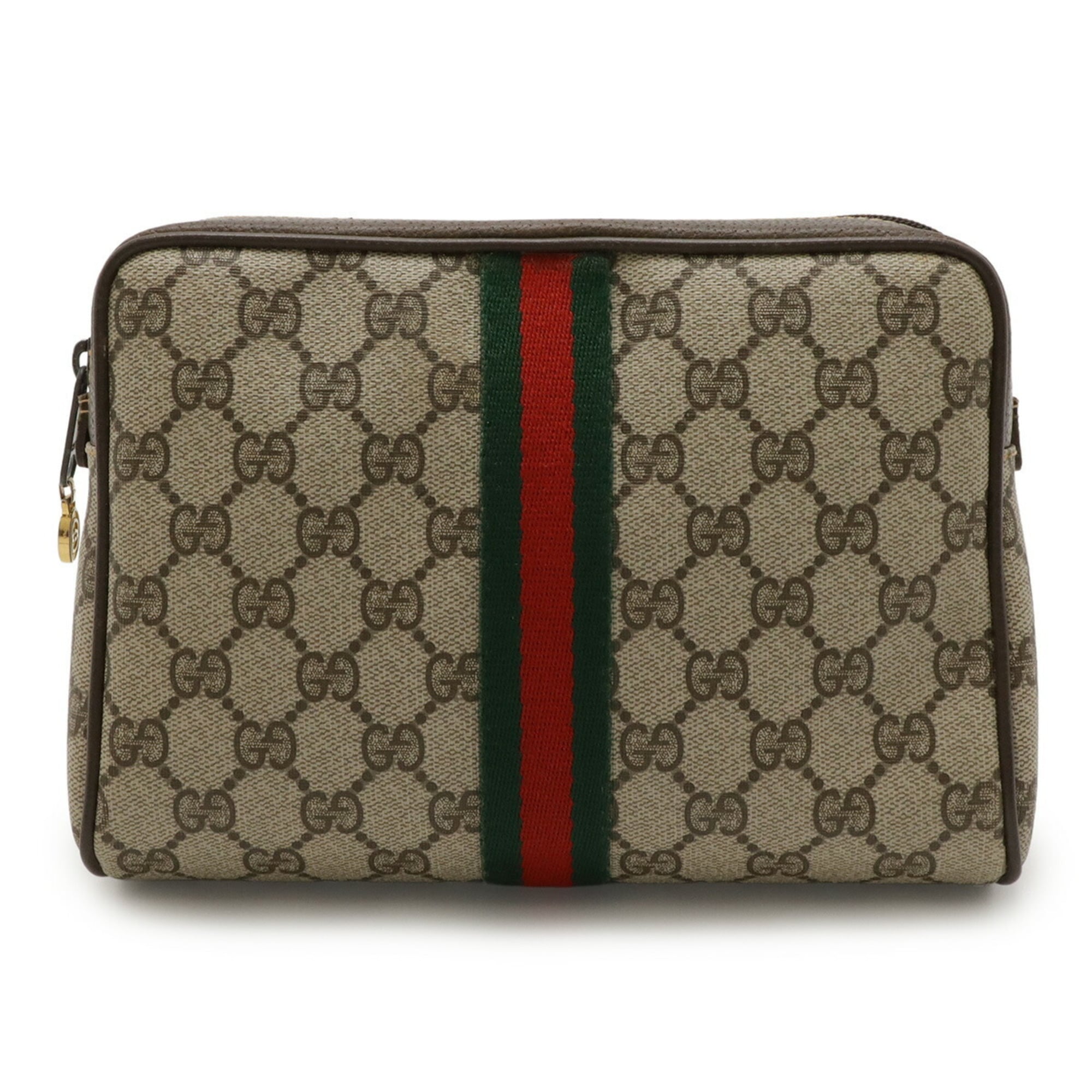GUCCI Old Gucci GG Plus Sherry Line Clutch Bag/Second Bag in PVC and Leather, Beige Mocha Brown, 010-378