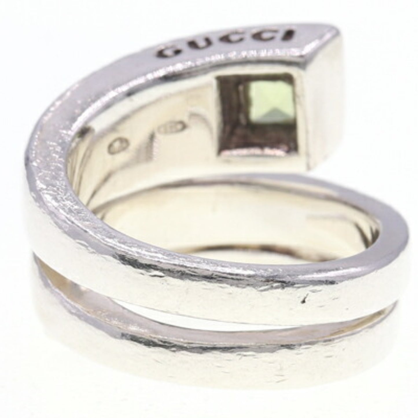 Gucci Spiral Ring in Sterling Silver (925) with Peridot and Green Stones, Size 8/US 4.5