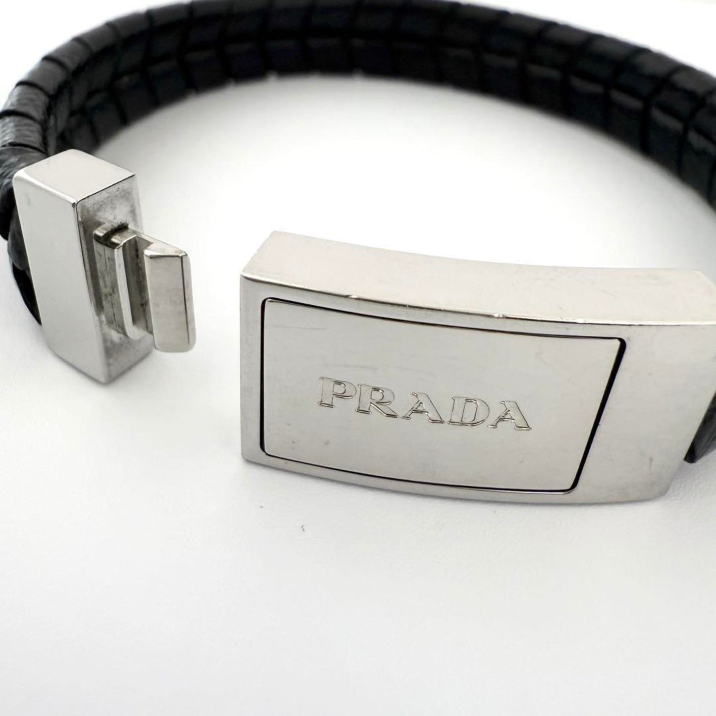 Prada Men's Logo Plate Leather Bracelet Black