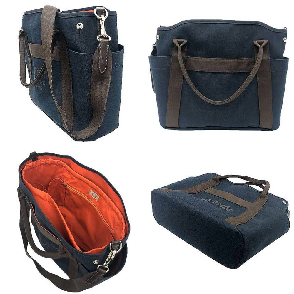 HERMES Sac de Pansage Groom Tote Bag Shoulder Toile Military Canvas Navy x Brown Y Stamp Men's Women's — Like New