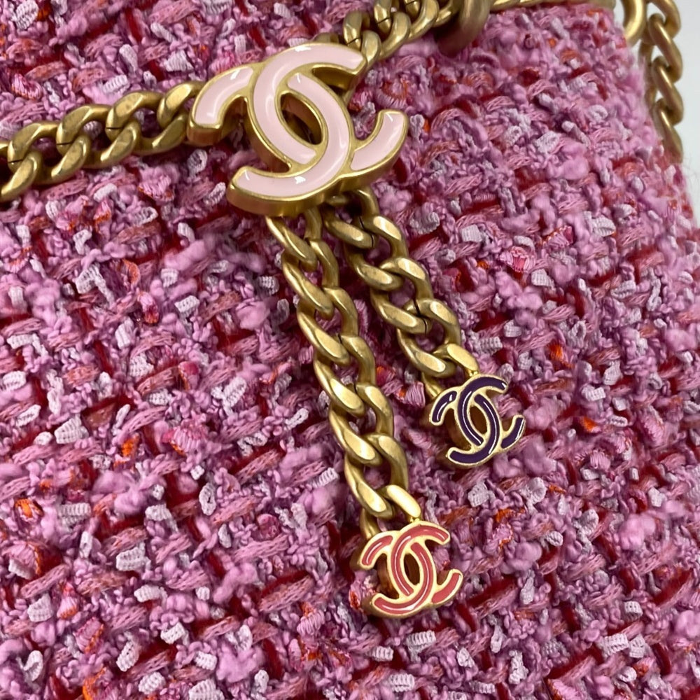 CHANEL 2022SS CC Coco Mark Chain Bucket-Shaped Pochette, 2-Way Handbag/Shoulder Bag, Tweed, Women's, Pink — Like New