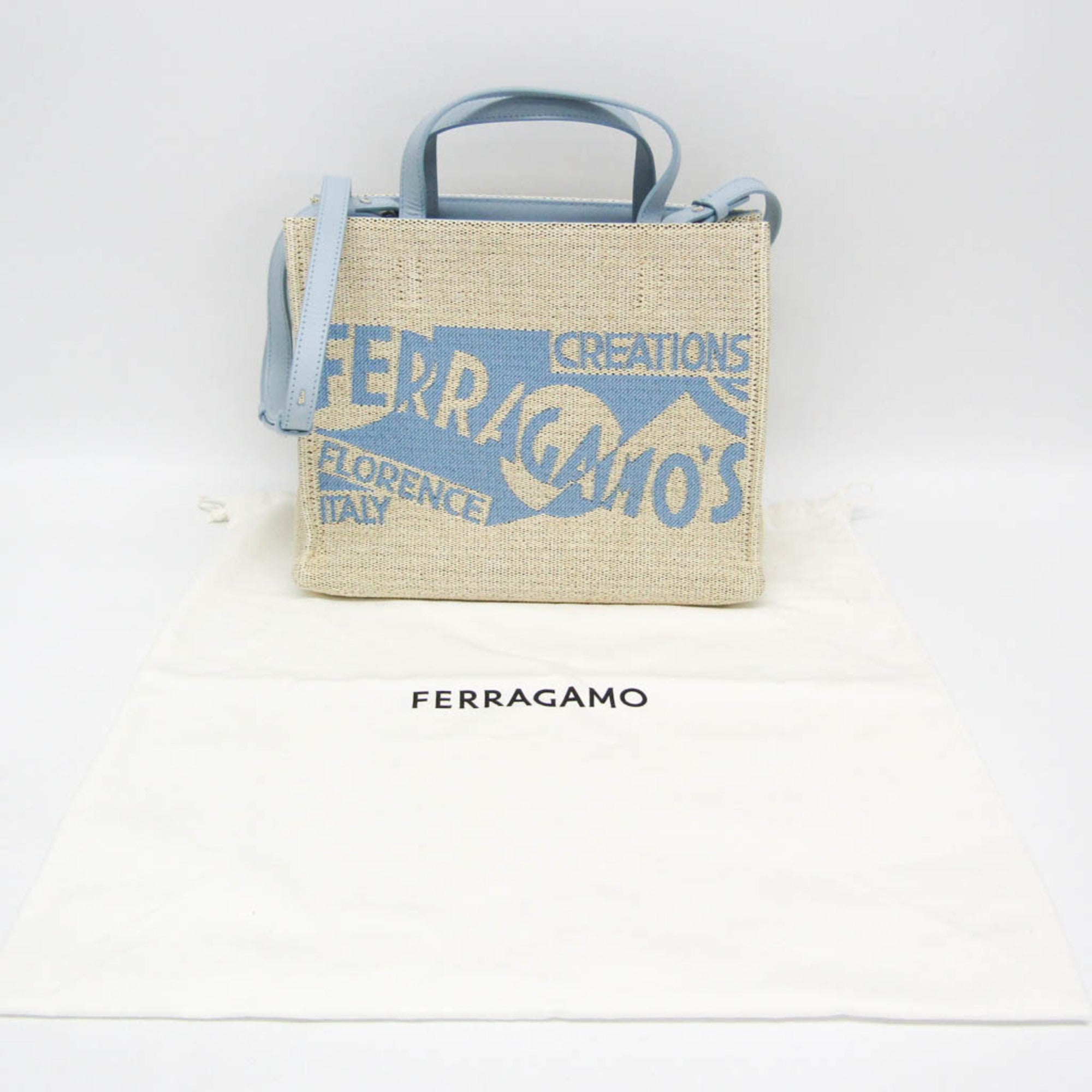 Salvatore Ferragamo Medium GG-219407 Women's Fabric,Leather Handbag,Shoulder Bag Beige,Blue — Like New